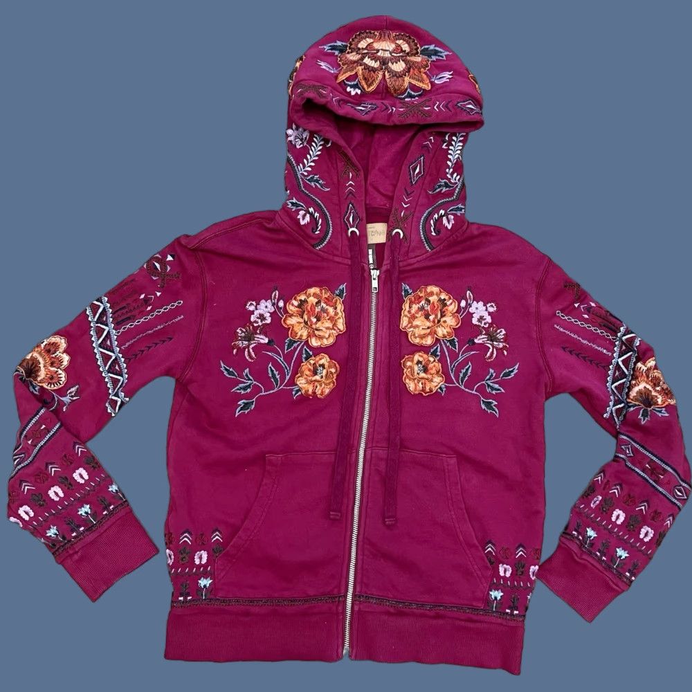 Vintage Driftwood Hoodie Shirt Maroon Floral Embroidered Zip Up Long Sleeve Hooded XS Women Size XS / US 0-2 / IT 36-38 - 1 Thumbnail
