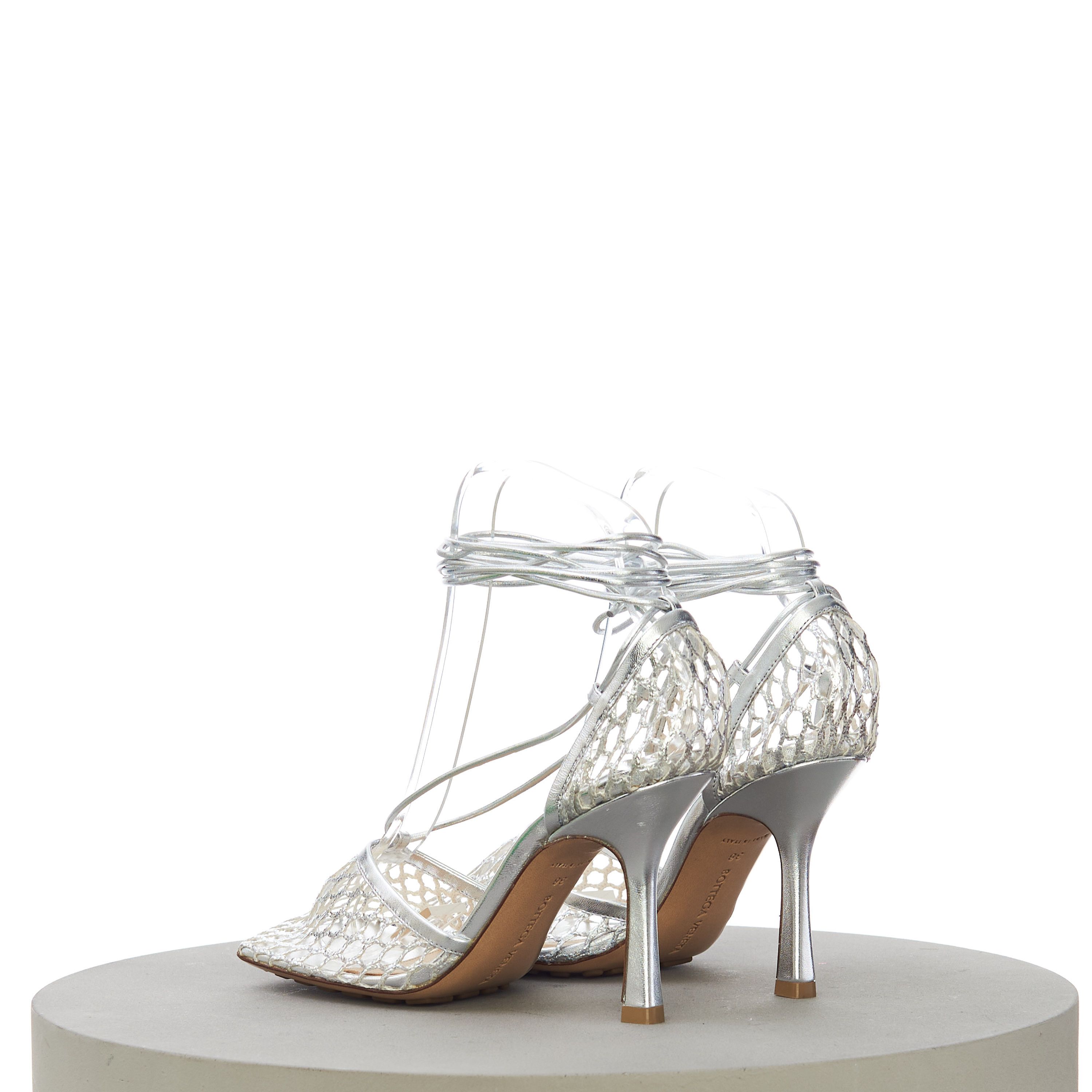 Bottega Veneta Women's Stretch Sandals In Silver Metallized Mesh & Leather Size US 7.5 / IT 37.5 - 6 Thumbnail