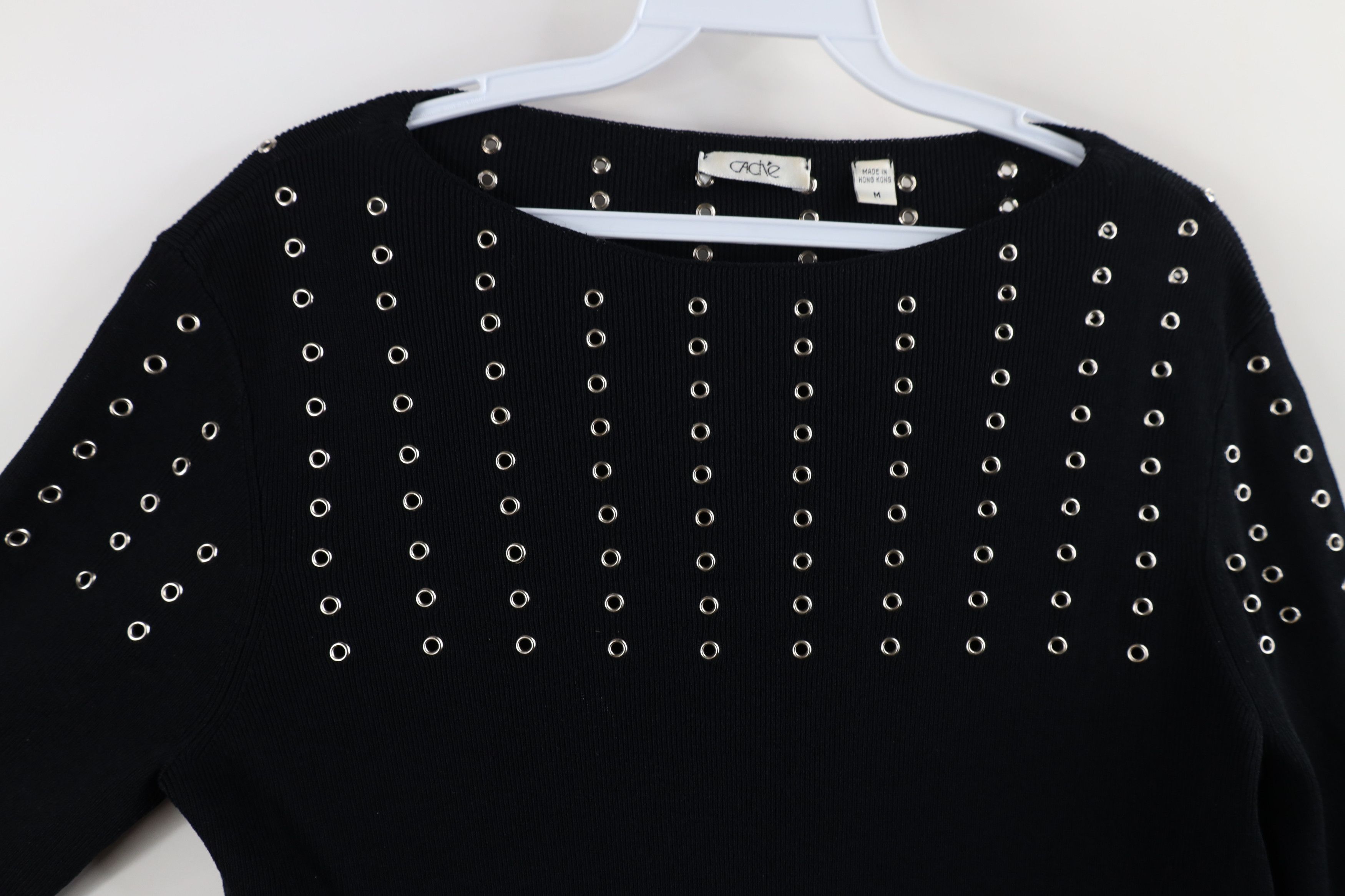 Vintage Vintage 90s Cache Rivet Ribbed Knit Stretch Sweater Black Size M / US 6-8 / IT 42-44 - 4 Thumbnail