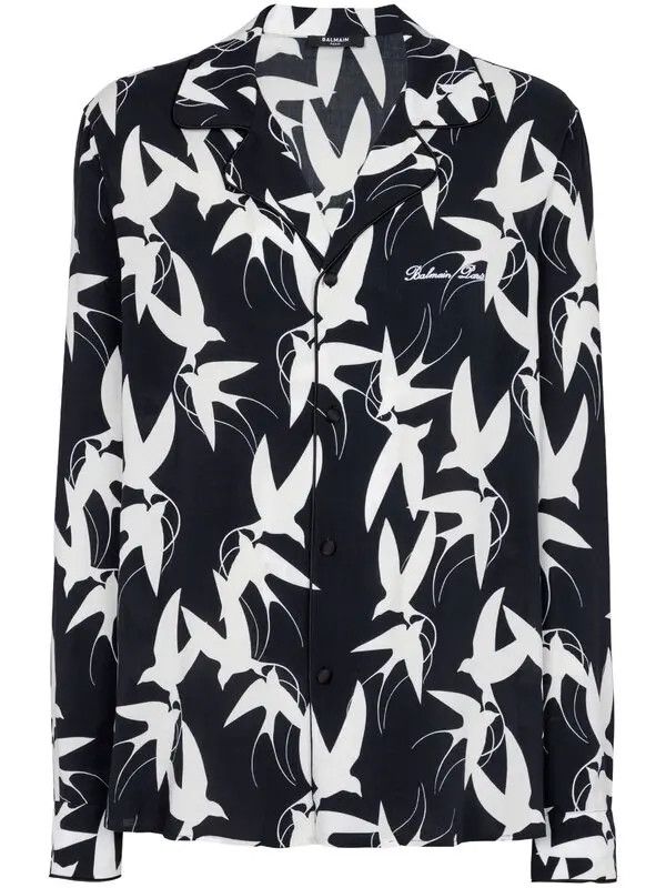 Balmain o1s1wg111025 Swallow Print Shirt in Black Size US L / EU 52-54 / 3 - 1 Thumbnail