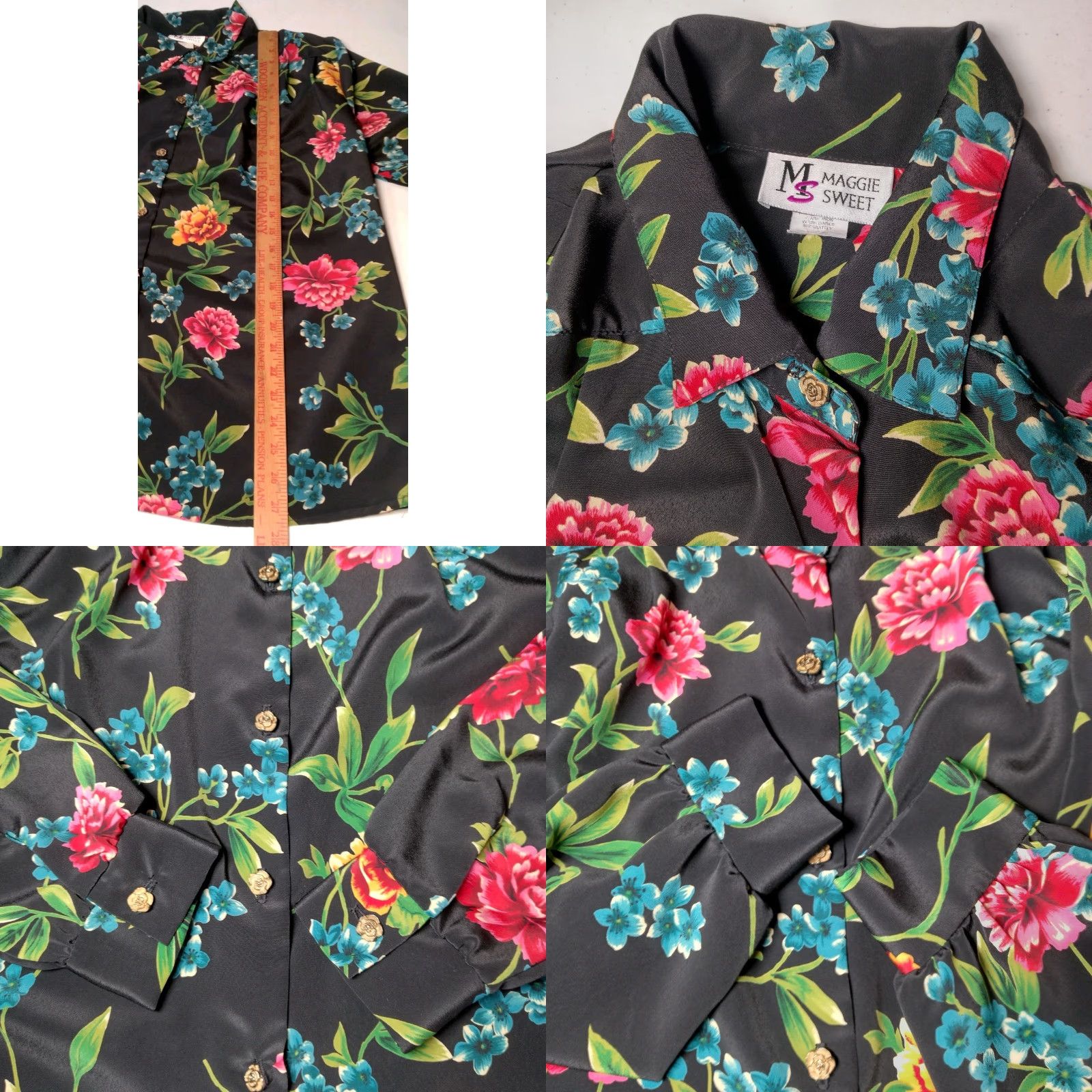 Vintage Vintage Maggie Sweet Blouse 1X Plus Size Black Floral Gold Flower Buttons Size XL / US 12-14 / IT 48-50 - 8 Thumbnail