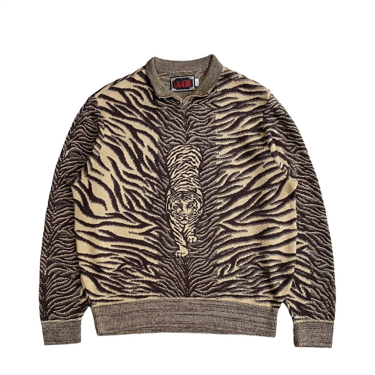 image of Avant Garde Lagache Full Print Tiger Pattern Half Zip Knitted Sweater in Brown, Men's (Size Large)