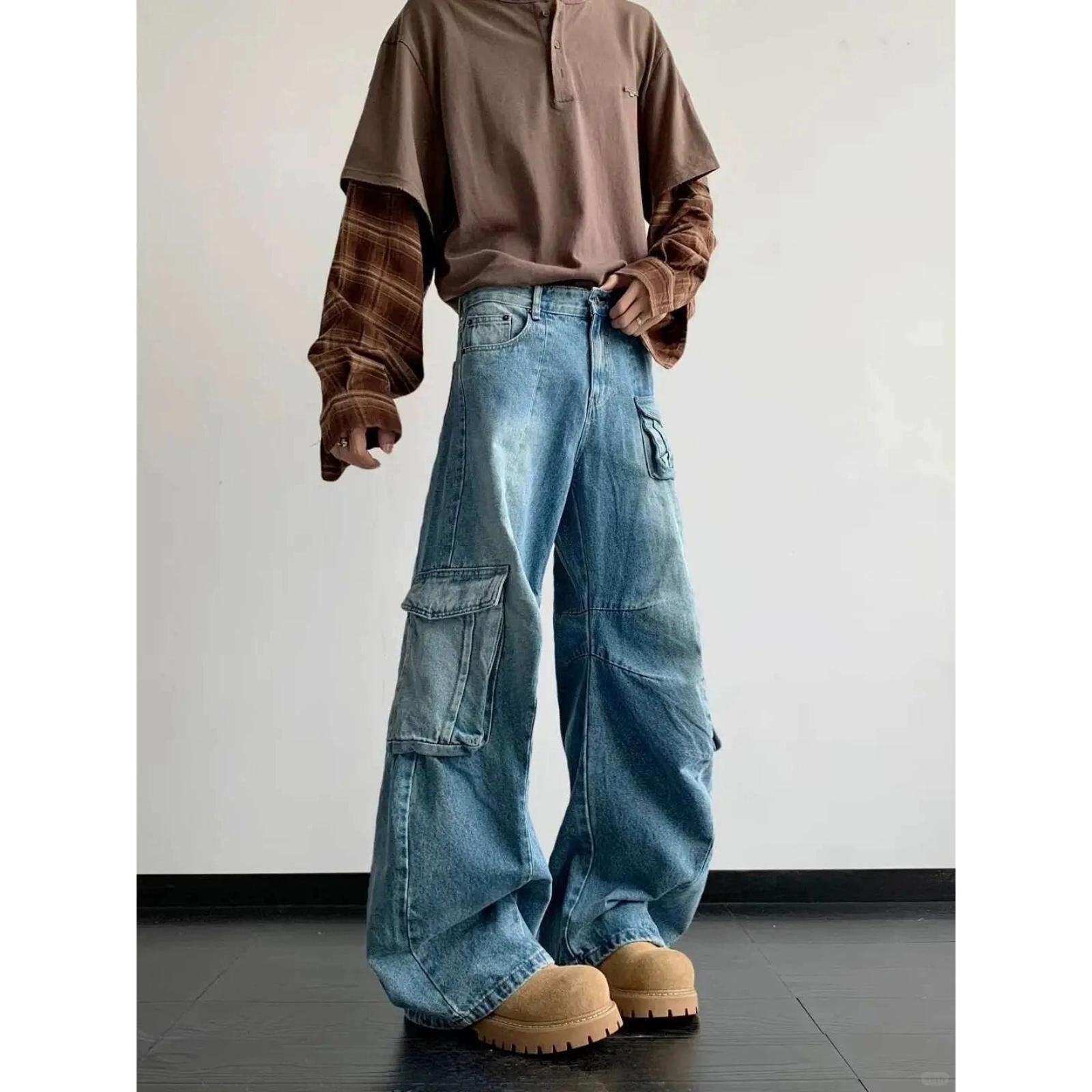 Japanese Brand Light Blue Baggy Cargo Jeans, Wide Leg Denim Pants Size US 32 / EU 48 - 8 Thumbnail