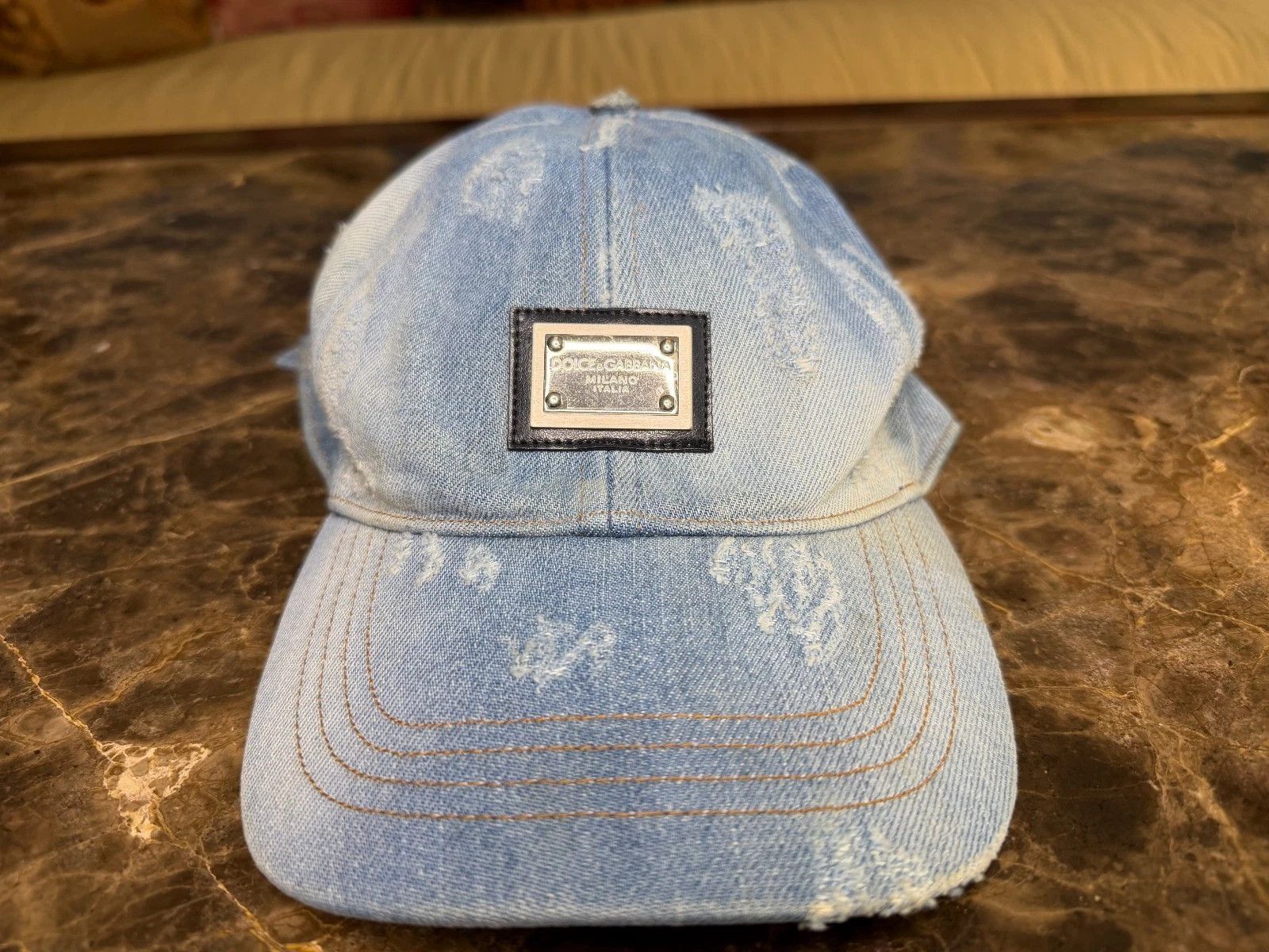 Dolce & Gabbana Silver Logo Plate Denim Distressed Hat Size ONE SIZE - 2 Thumbnail