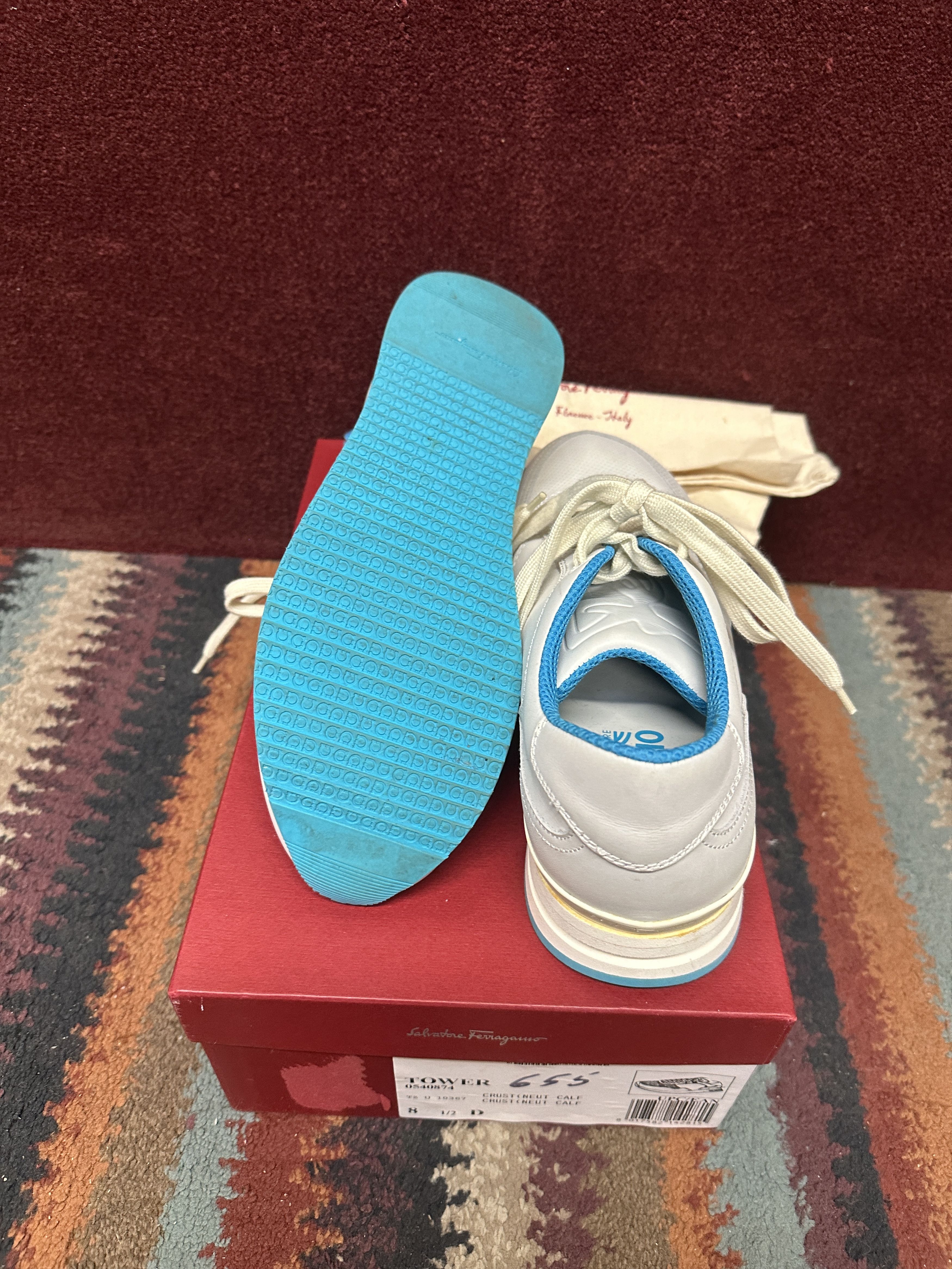 Salvatore Ferragamo Ferragamo Tower Light Grey Leather Sneakers, with blue trim Size US 8.5 / EU 41-42 - 7 Thumbnail