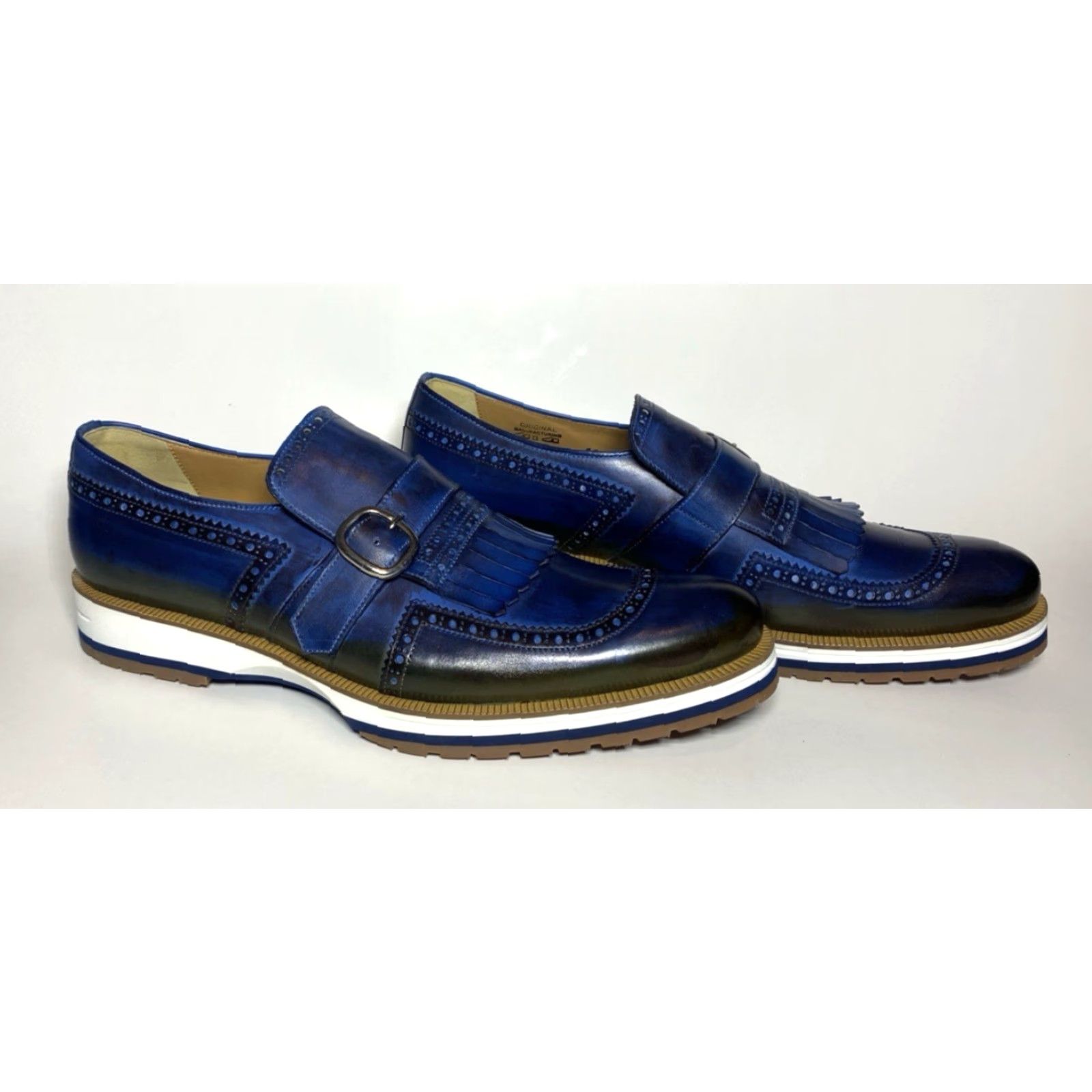 Vintage Francesco Benigno Canto de' Ricci Firenze Italy Men's Monk Strap Leather Loafers Dress Slip On Sz 11 Blue UK 10 Leatheroutsole Rubber Size US 10 / EU 43 - 4 Thumbnail