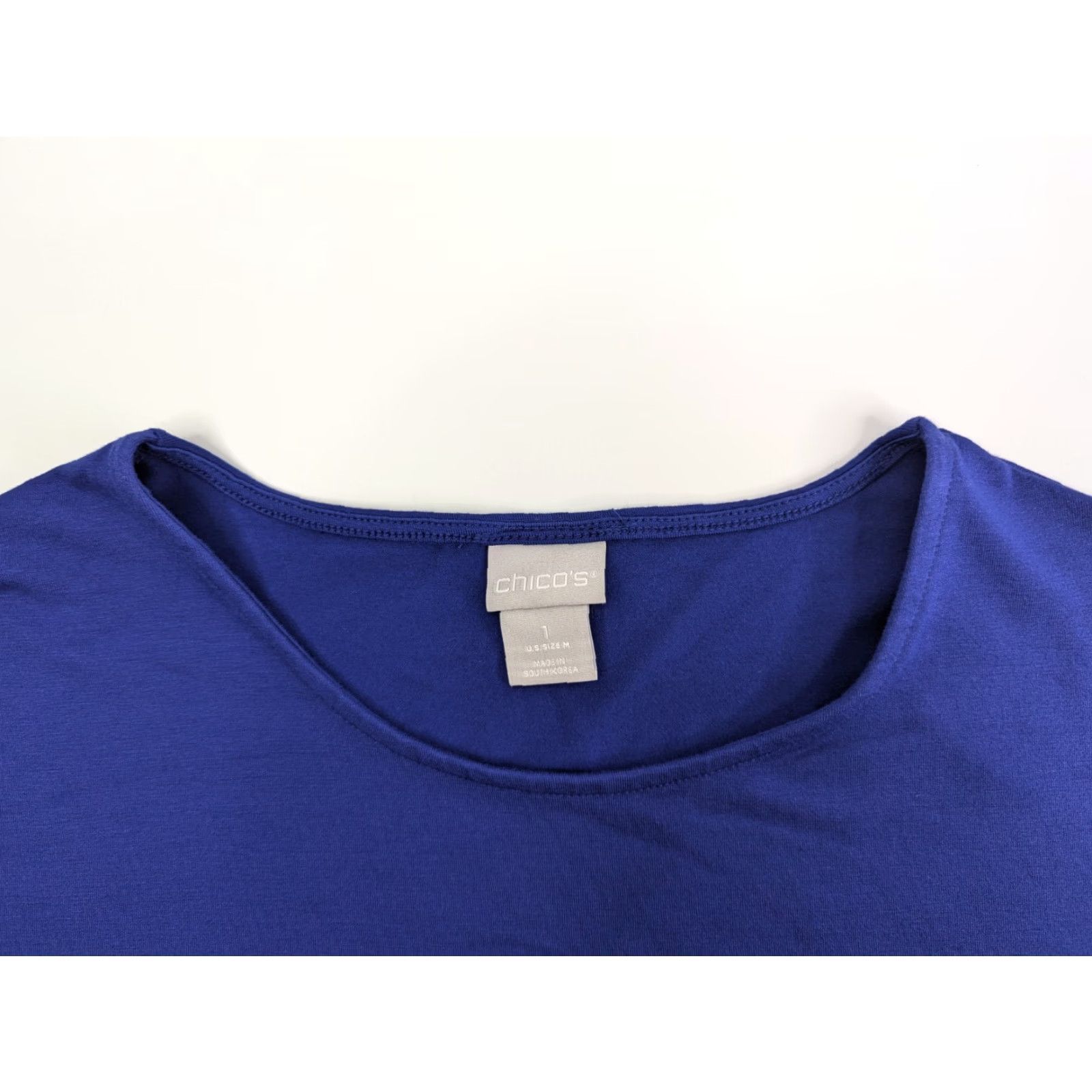 Vintage Chico's Shirt Tunic Top Women Blue Wedge Short Sleeve Round Neck Pullover Knit Rayon Blend 1 Medium Size M / US 6-8 / IT 42-44 - 5 Thumbnail