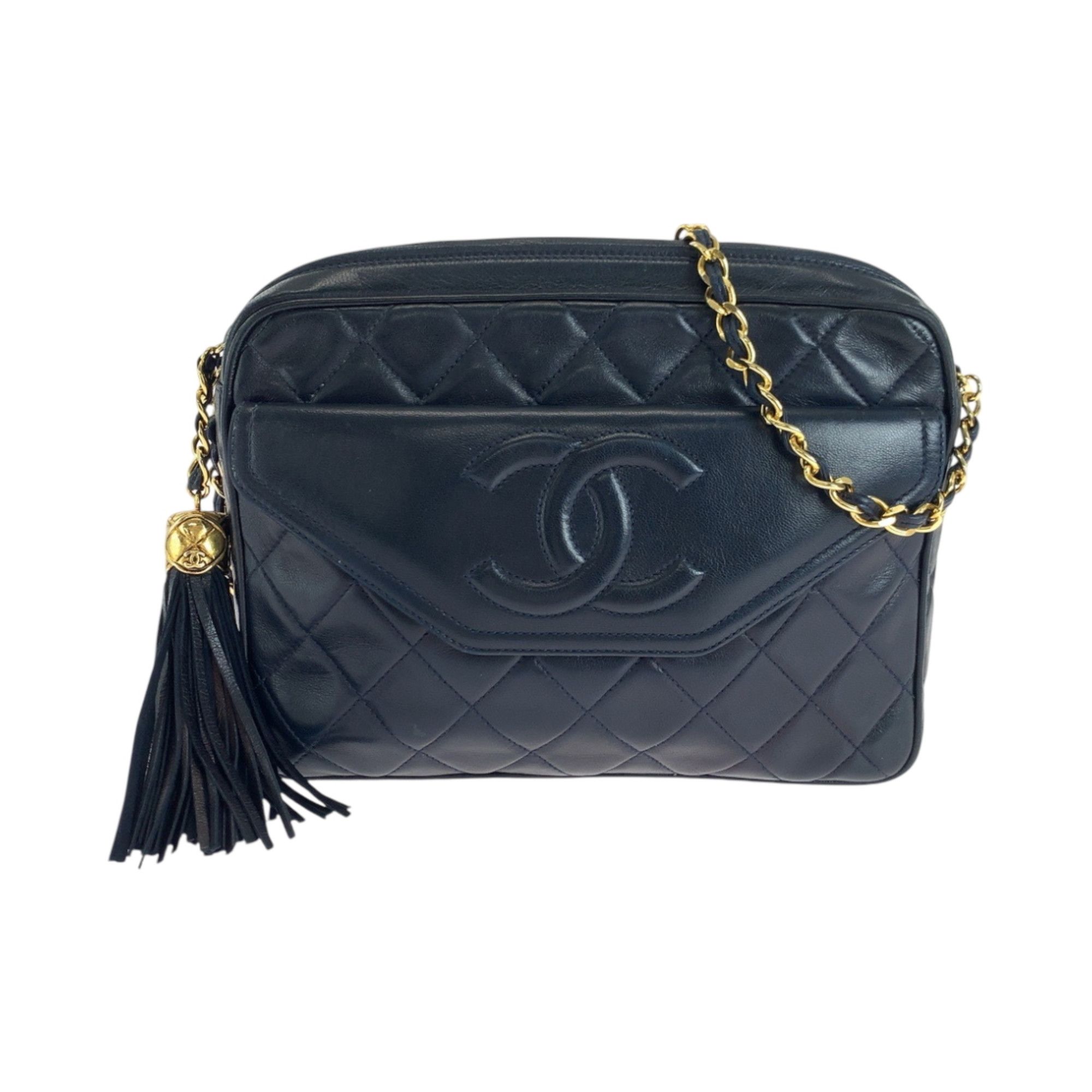 CHANEL Vintage Matelasse Coco Mark Fringe Navy Gold Hardware