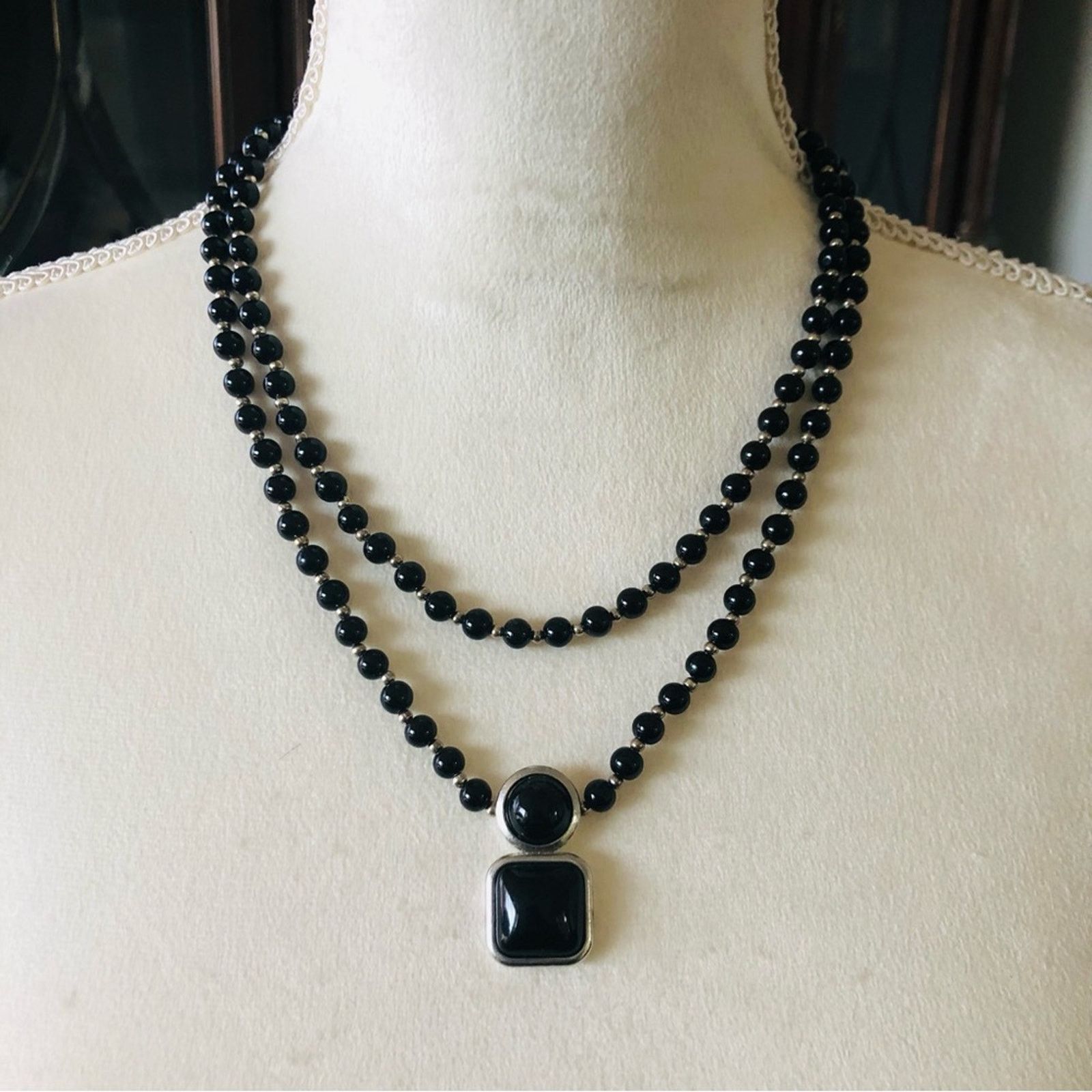 Handmade Handcrafted double strand black Czech Pearl necklace Size ONE SIZE - 3 Thumbnail