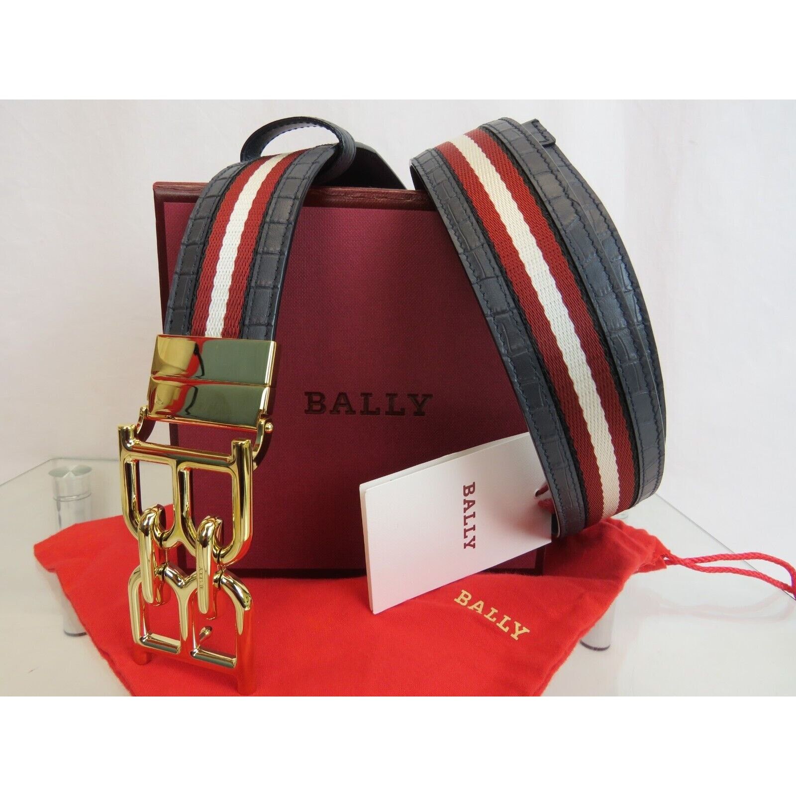 Bally B CHAIN BUCKLE ADJUSTABLE BLUE CROC LEATHER WEB BELT 110 44 Size 44 - 2 Thumbnail