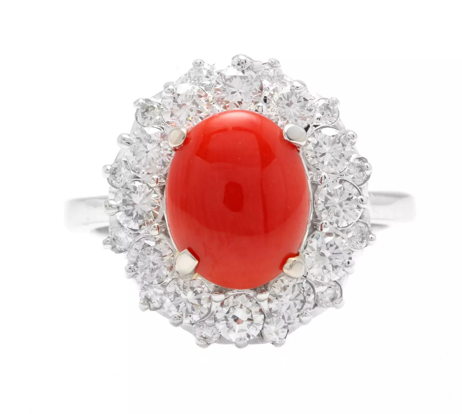 image of 3.30 Carats Natural Coral And Diamond 14K Solid Wgold Ring in White Gold, Women's
