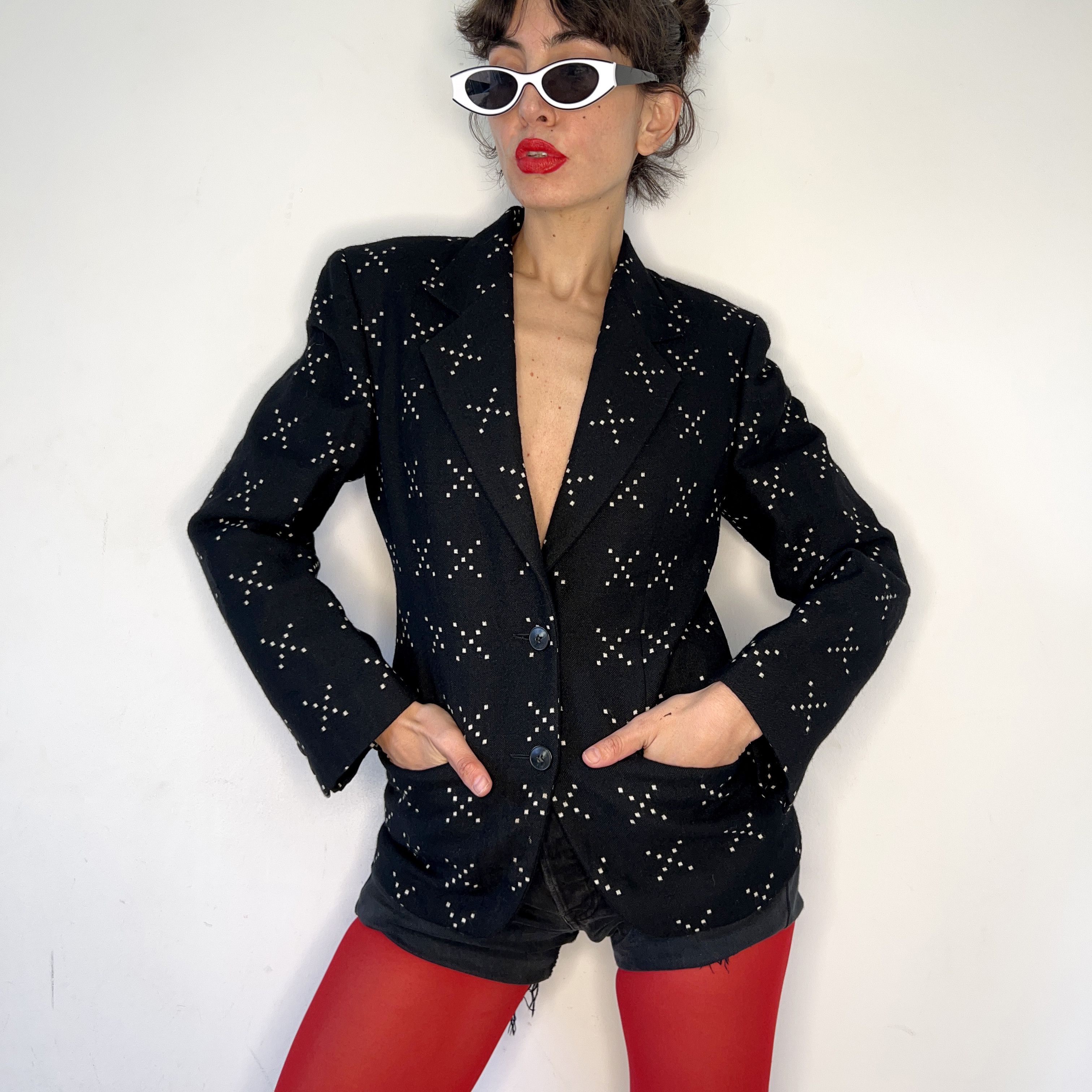image of Vintage Wool Blazer, 90's Padded Shoulder Jacket in Black/White, Women's (Size Small)