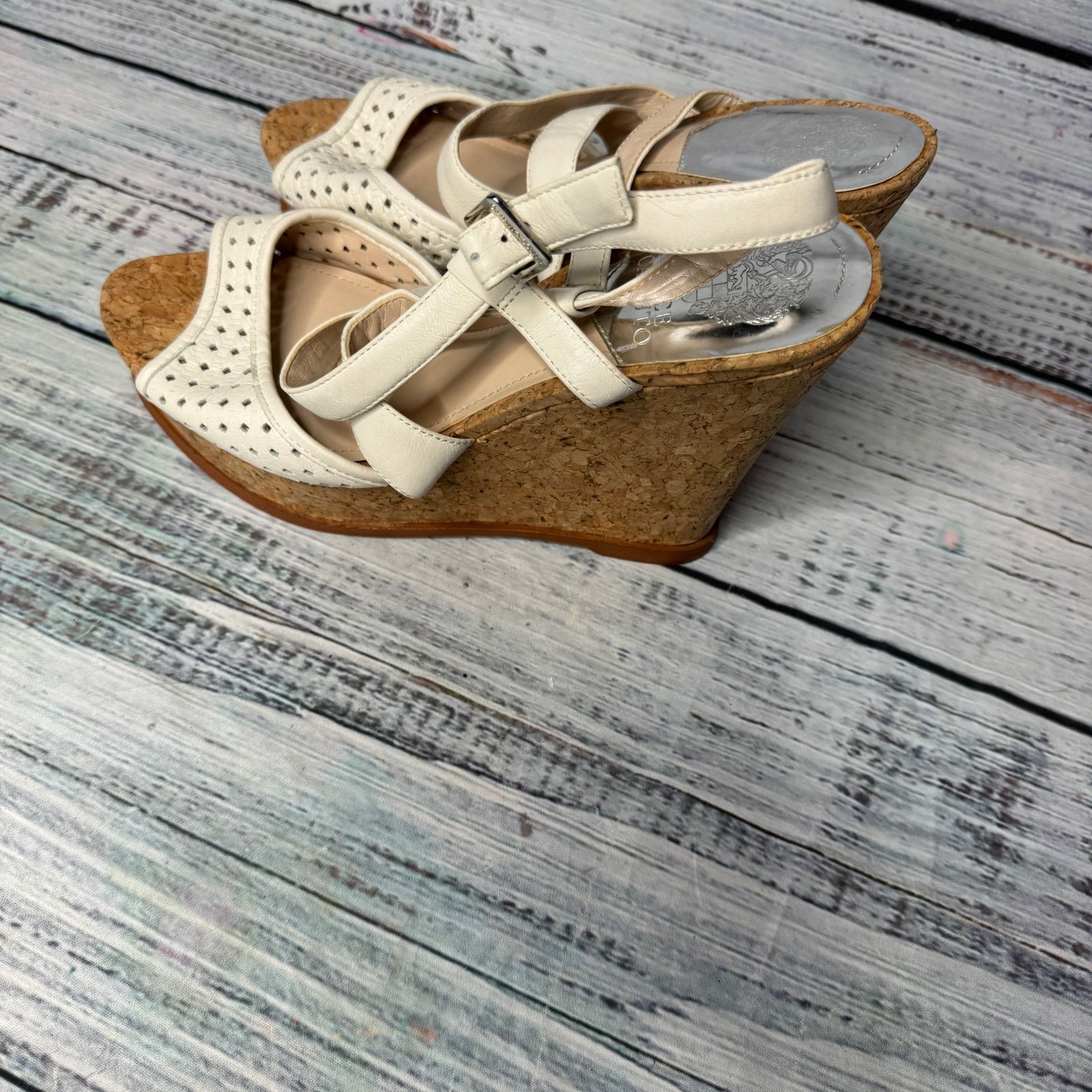 Vince Camuto Vince Camuto Ilario Leather Wedge Sandals Cream Woven 9.5 Size US 9.5 / IT 39.5 - 3 Thumbnail
