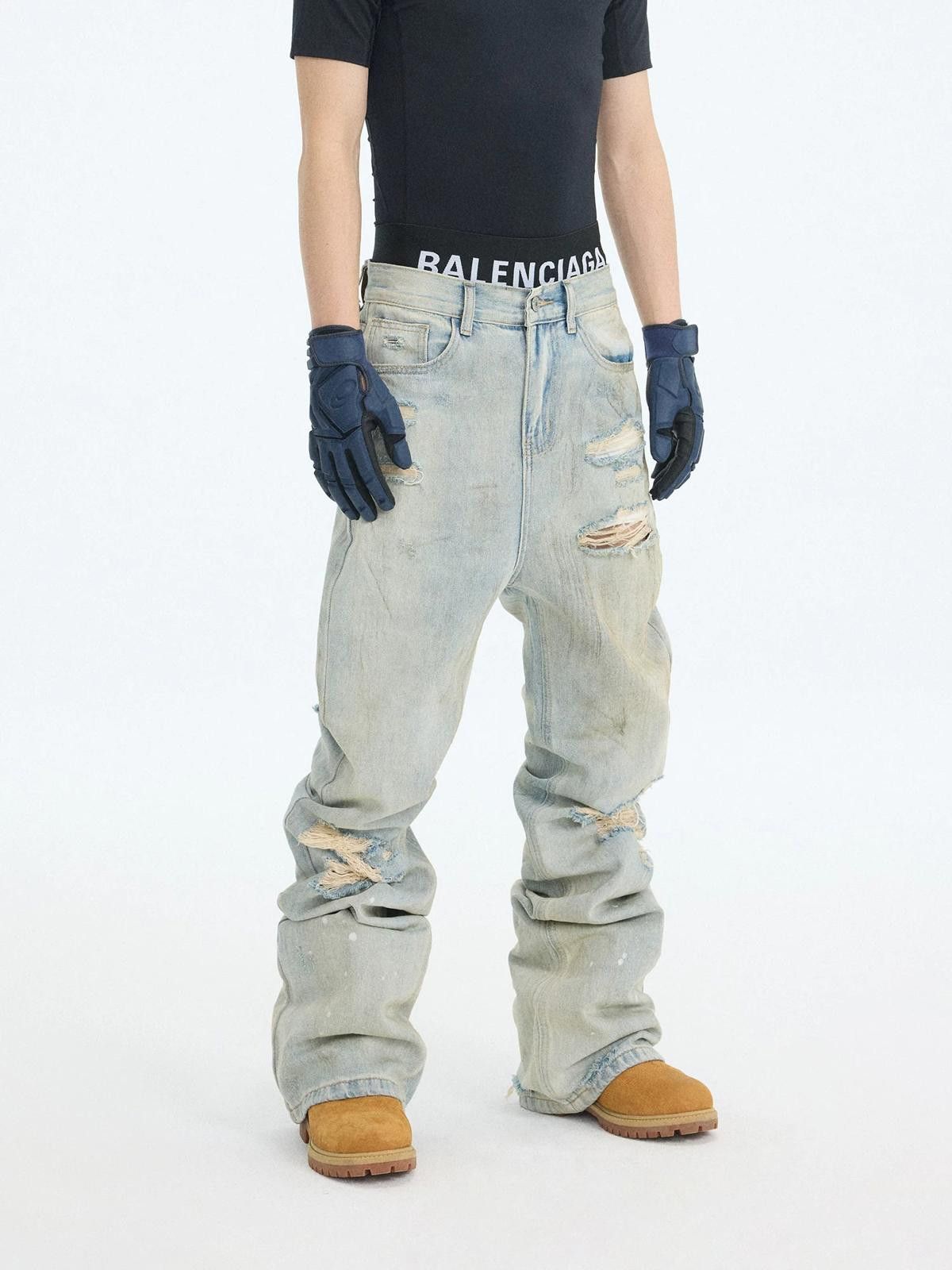 Jean Dirty Wash Ink-Splash Slim Micro-Flare Stacked Denim Jeans Size US 32 / EU 48 - 4 Thumbnail