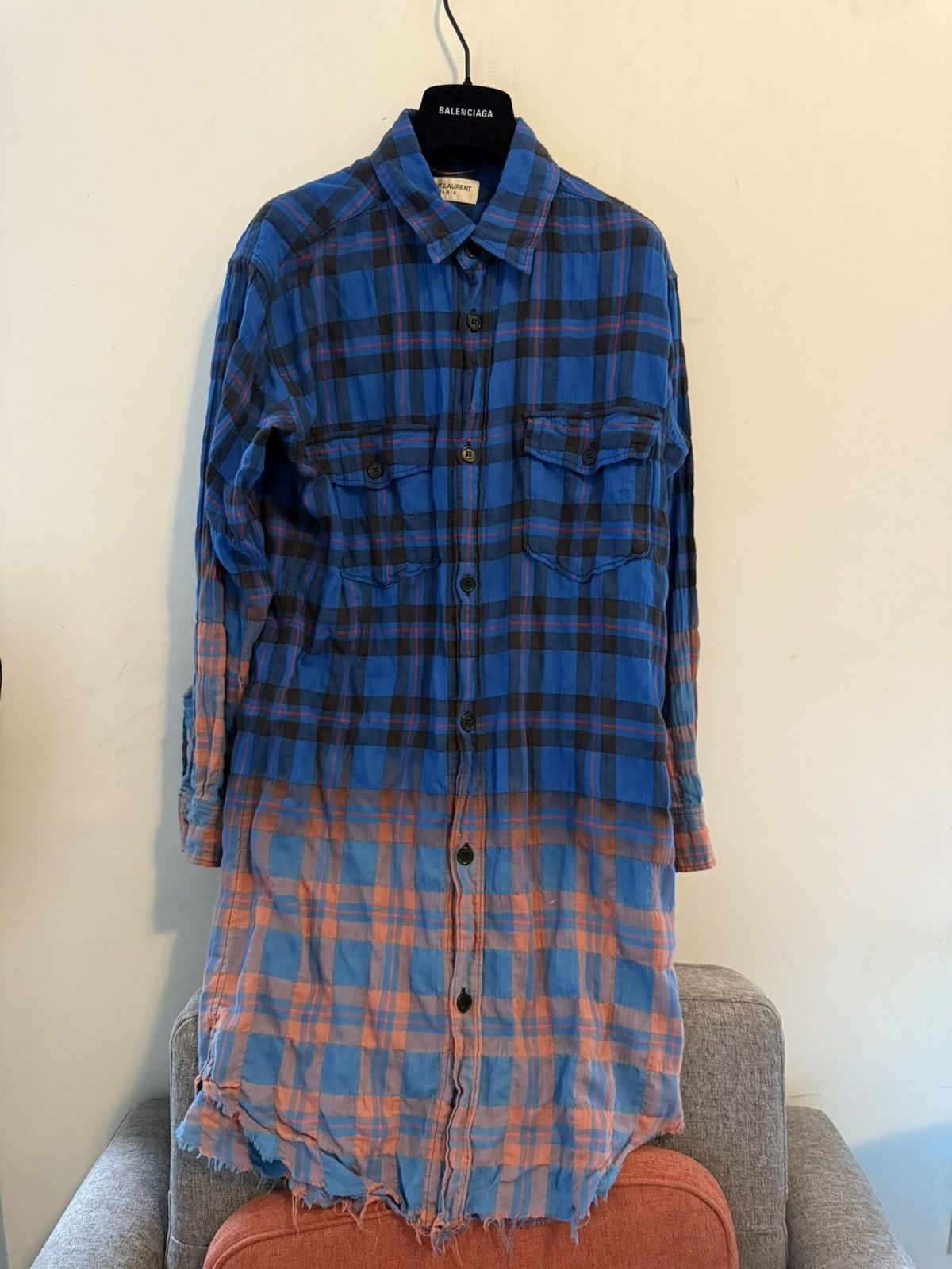 Saint Laurent FW15 bleached flannel elongated shirt