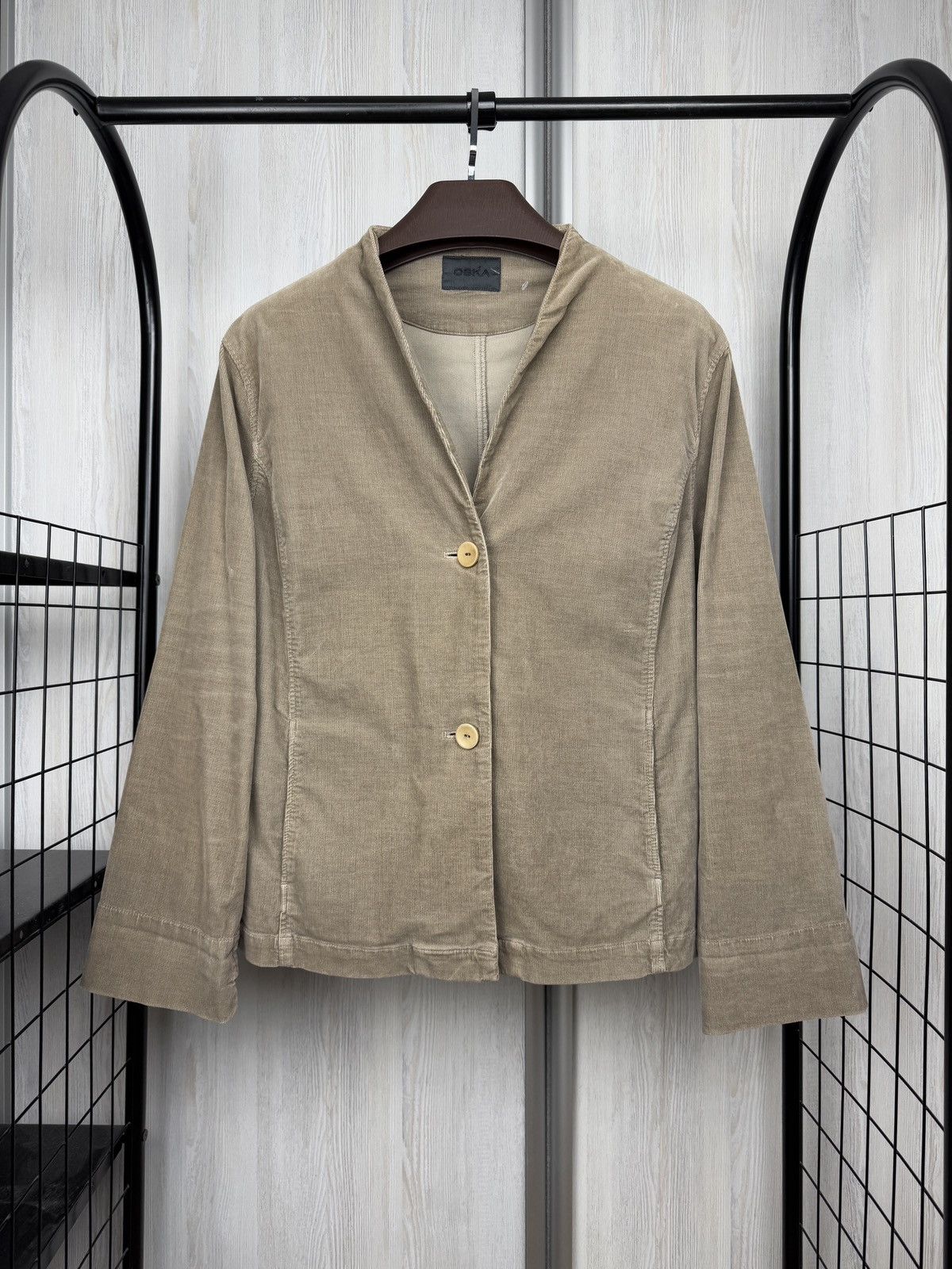 OSKA Corduroy brown Japan collarless v-neck blazer oversized