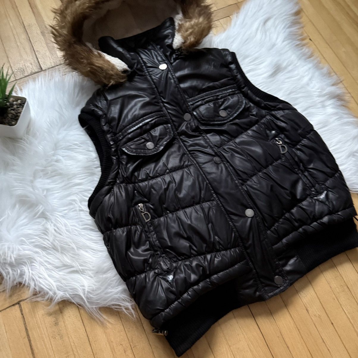 If Six Was Nine 📌 Vintage Max Blue Y2K 00s Fur Hood Black Vest Size S / US 4 / IT 40 - 2 Thumbnail