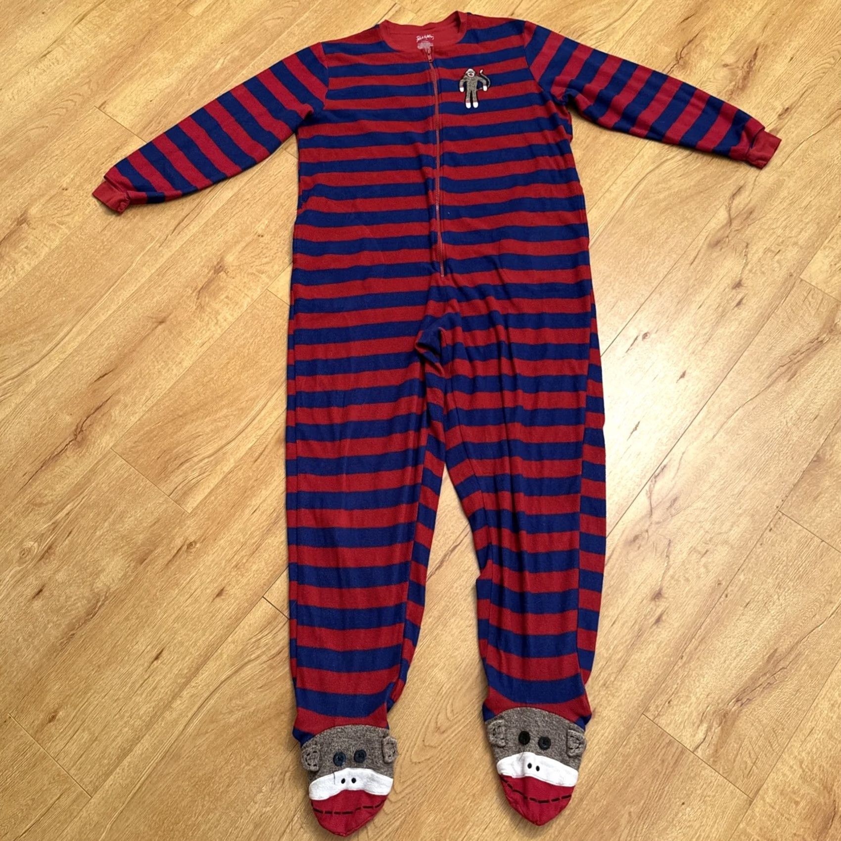 Vintage Nick & Nora Adult 1-Pc. Sock Monkey Fleece Footed Sleepwear Large Red & Blue Womens Boys Girls Mens Size L / US 10 / IT 46 - 2 Thumbnail