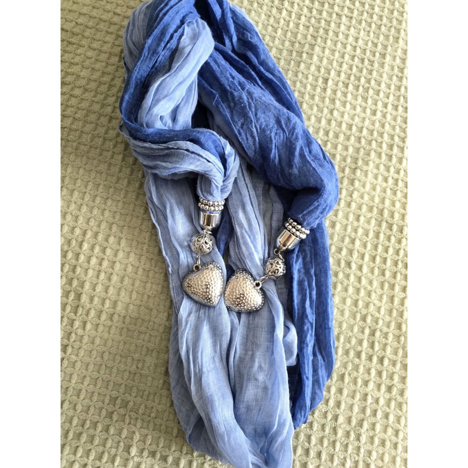 Vintage VINTAGE Blue Ombre Scarf with Heart Charms Scarf Women Adult 69in Blue Heart Charms Fall Spring Summer Winter art love cottagecore fairycore Size ONE SIZE - 7 Thumbnail