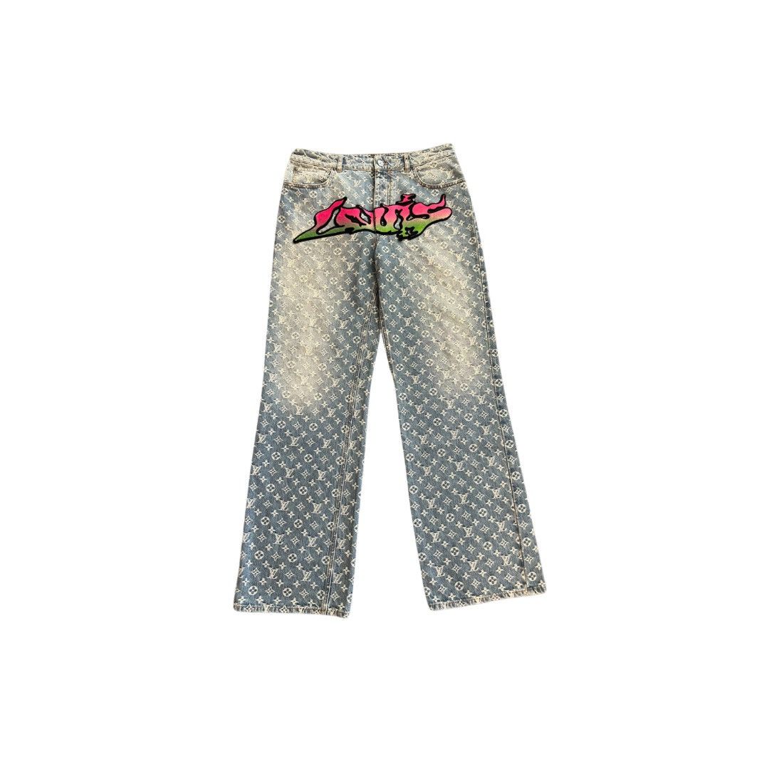 Image of Louis Vuitton Graffiti Monogram Jeans in Blue, Men's (Size 36)