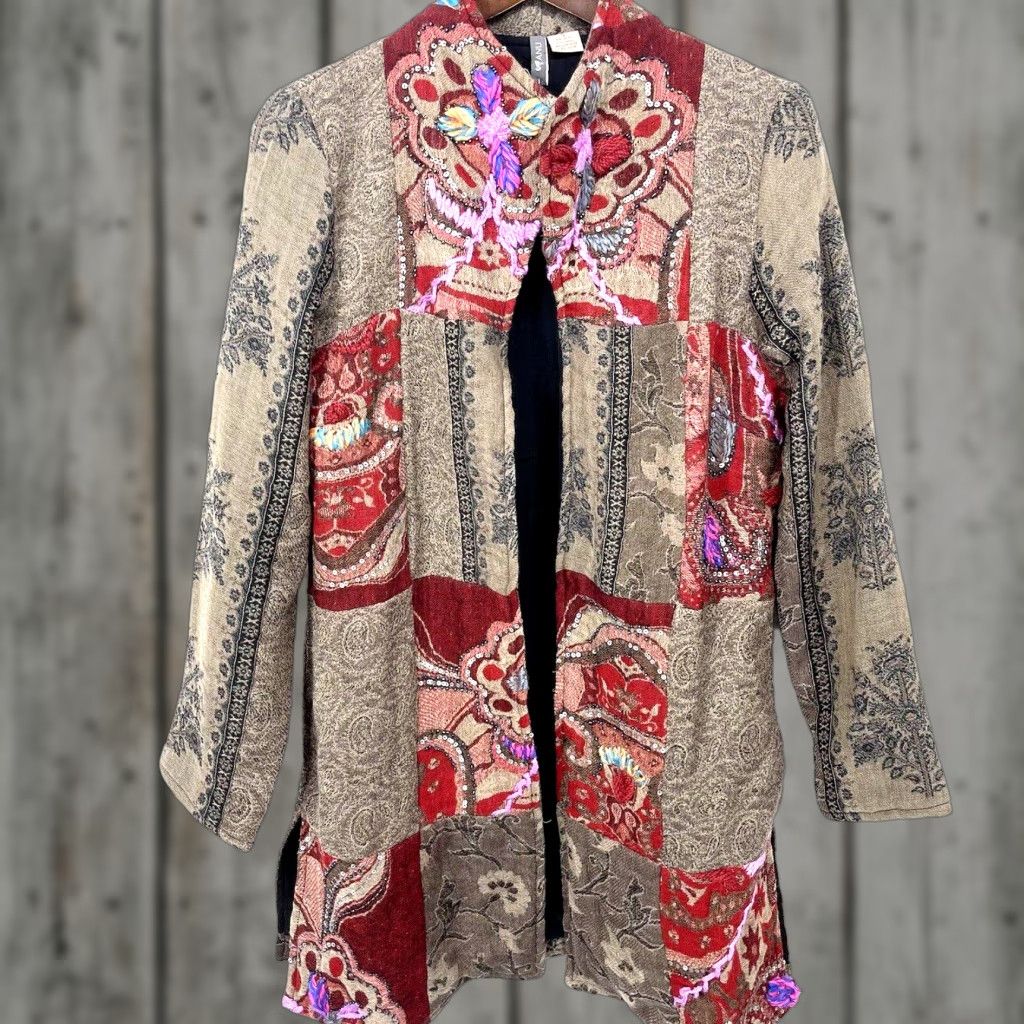Vintage Anu Wool Sweater Women Small Floral Patchwork Cardigan Casual Brown Bohemian Size S / US 4 / IT 40 - 1 Thumbnail