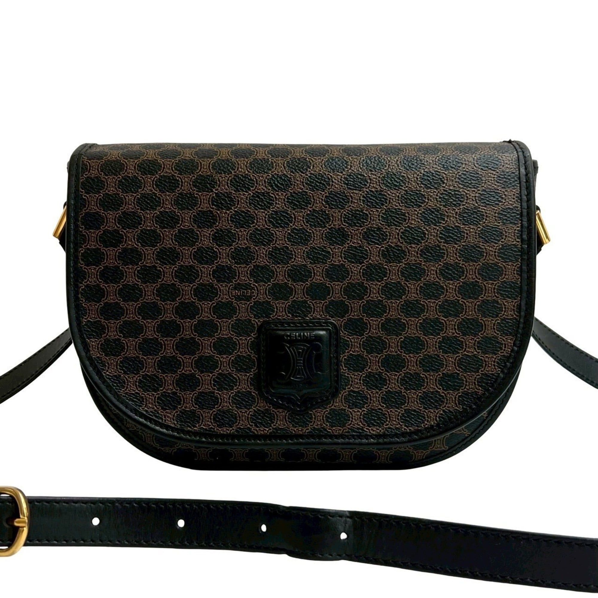Celine Macadam Triomphe Logo Leather Shoulder Bag Pochette Black/brown 13070, Women's