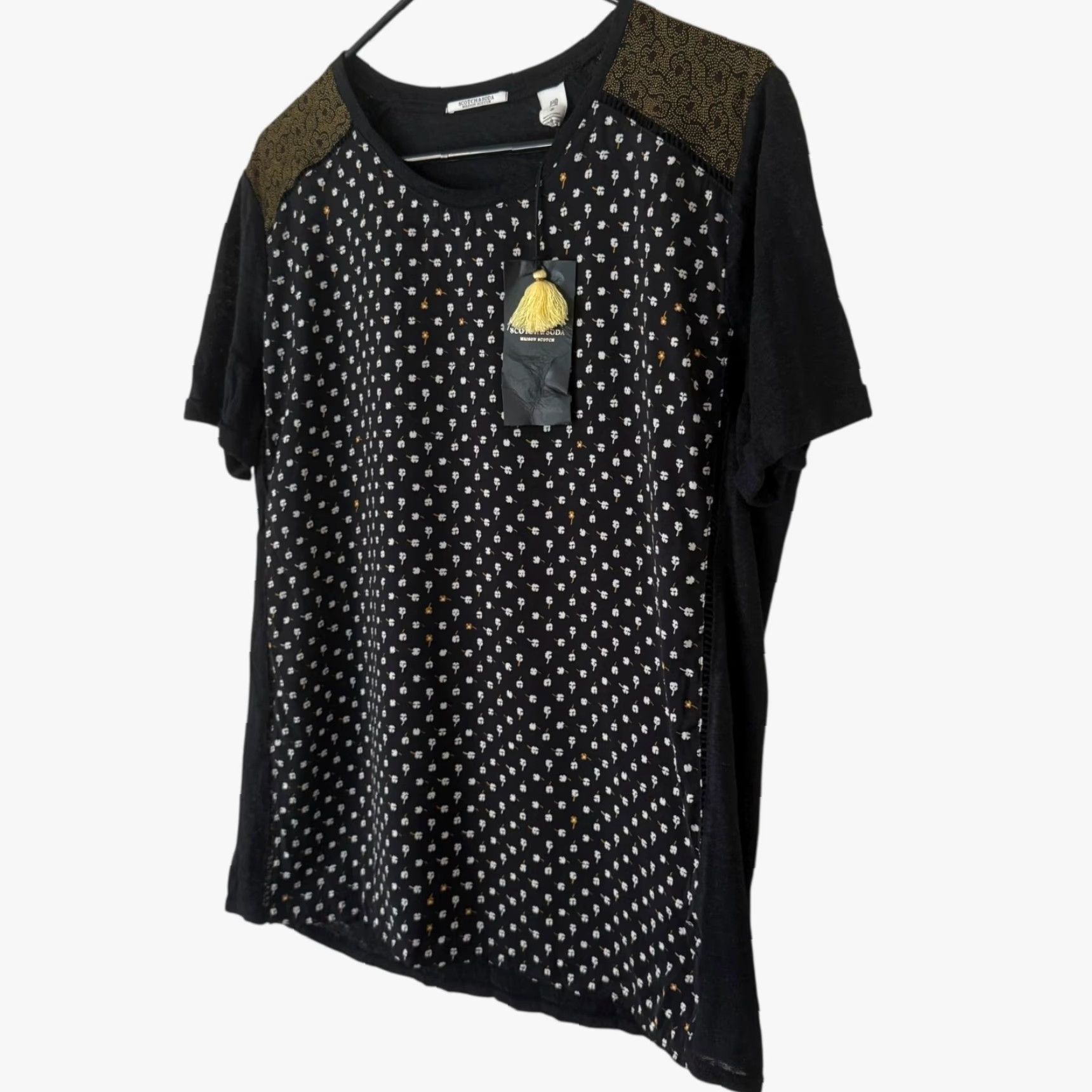 Scotch & Soda VINTAGE Scotch & Soda Women's T-Shirt Short Sleeve Linen Floral Print Casual Size 2 Black Summer Size XS / US 0-2 / IT 36-38 - 2 Thumbnail