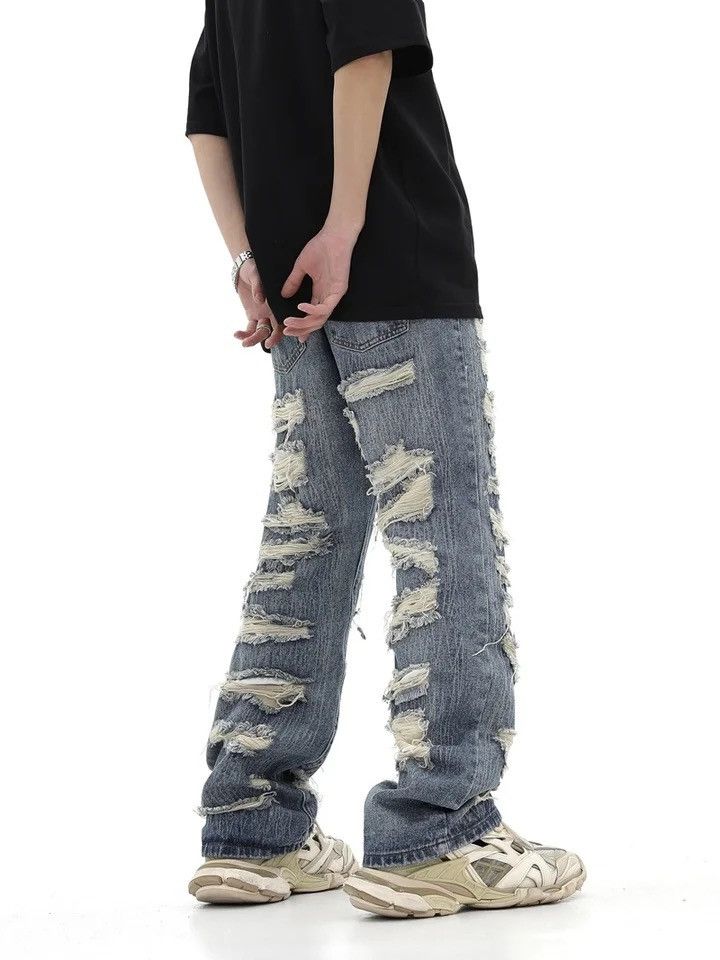 Vintage washed torn hole cut straight tube loose fitting jeans Size US 33 - 4 Thumbnail