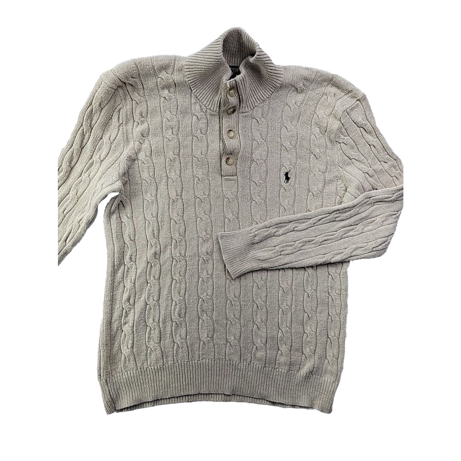 image of Polo Ralph Laurent Men L Beige Cable Knit Sweater Heavyweight Warm Silk Blend in White (Size Large)
