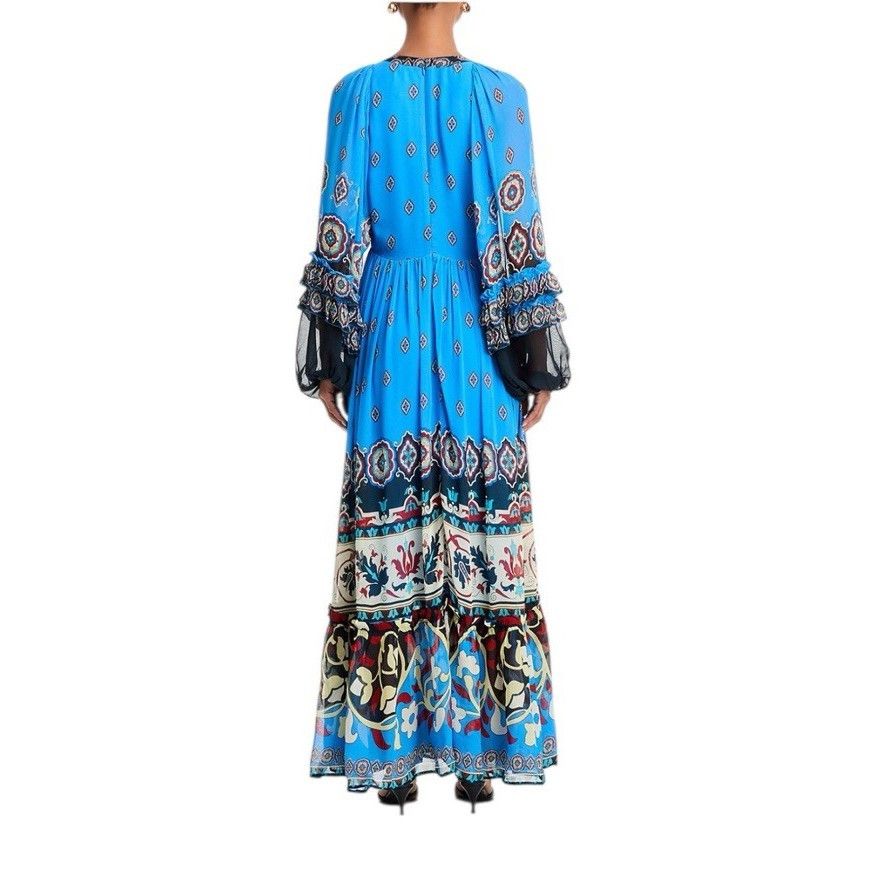 Farm Rio Farm Rio Anika Tiles Cerulean Blue Maxi Dress Long Sleeve V- Size XS / US 0-2 / IT 36-38 - 5 Thumbnail