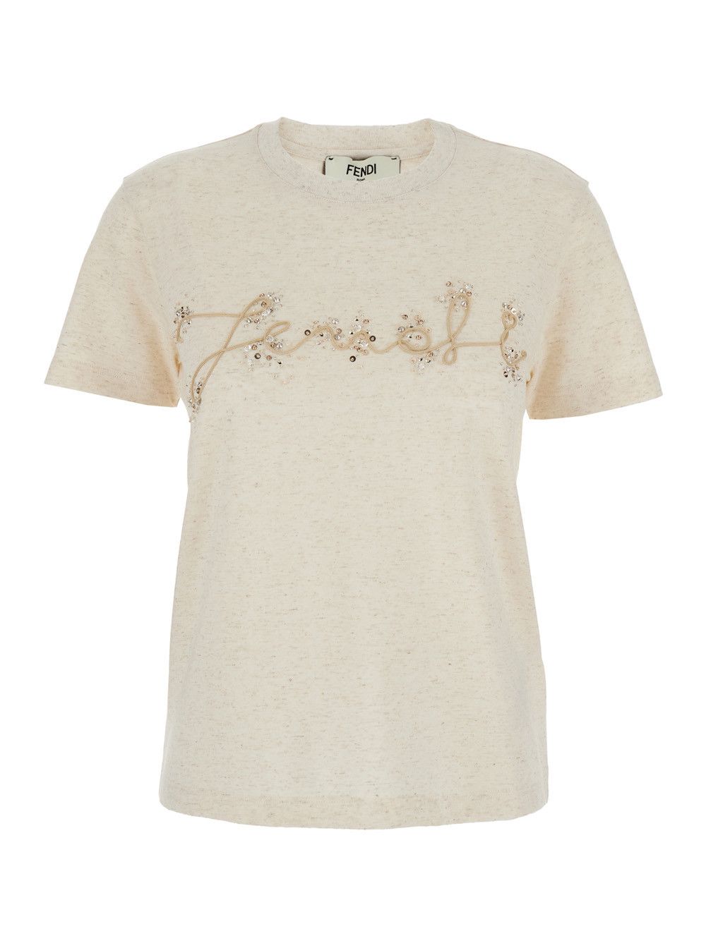 Fendi Beige Crewneck T-Shirt with Logo Embroidery on the Front and Rhinestone Details in Cotton Blend Jersey Woman Size M / US 6-8 / IT 42-44 - 1 Thumbnail