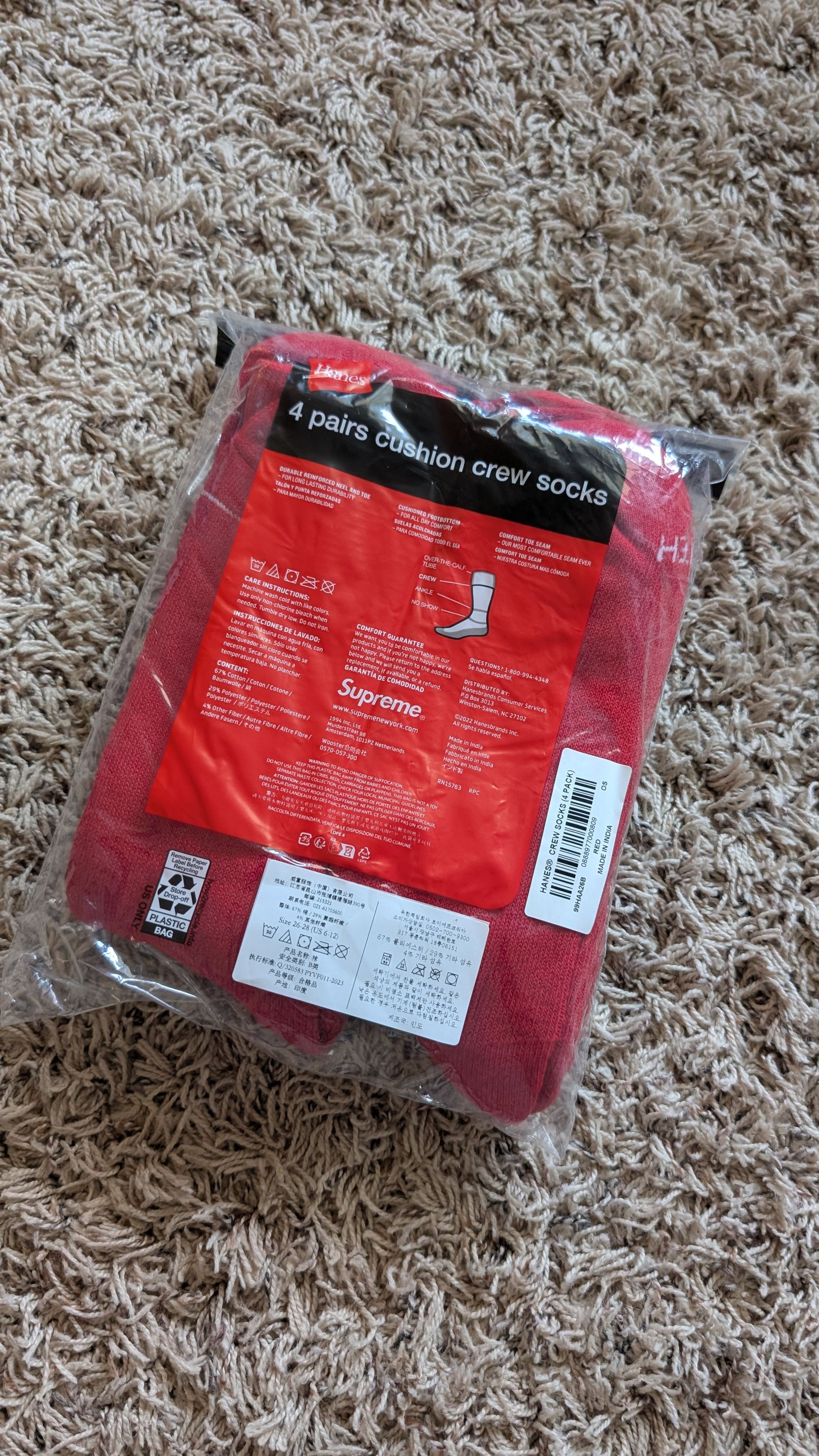 Supreme Supreme x Hanes Crew Socks (4 Pack) 'Red' 6-12 🔥🔥 Size ONE SIZE - 2 Thumbnail