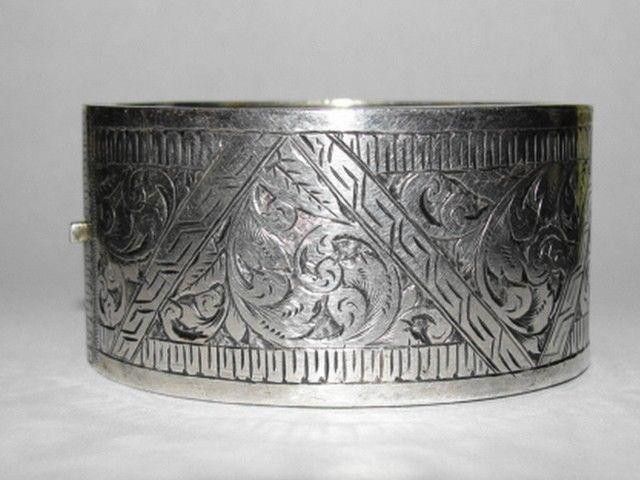 Designer Victorian Etched Aesthetic Movement Sterling Bangle Bracelet Size ONE SIZE - 1 Thumbnail