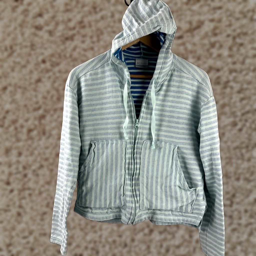 Vintage Columbia Womens Medium Blue Striped Hooded Full Zip Sweatshirt Jacket Size M / US 6-8 / IT 42-44 - 1 Thumbnail