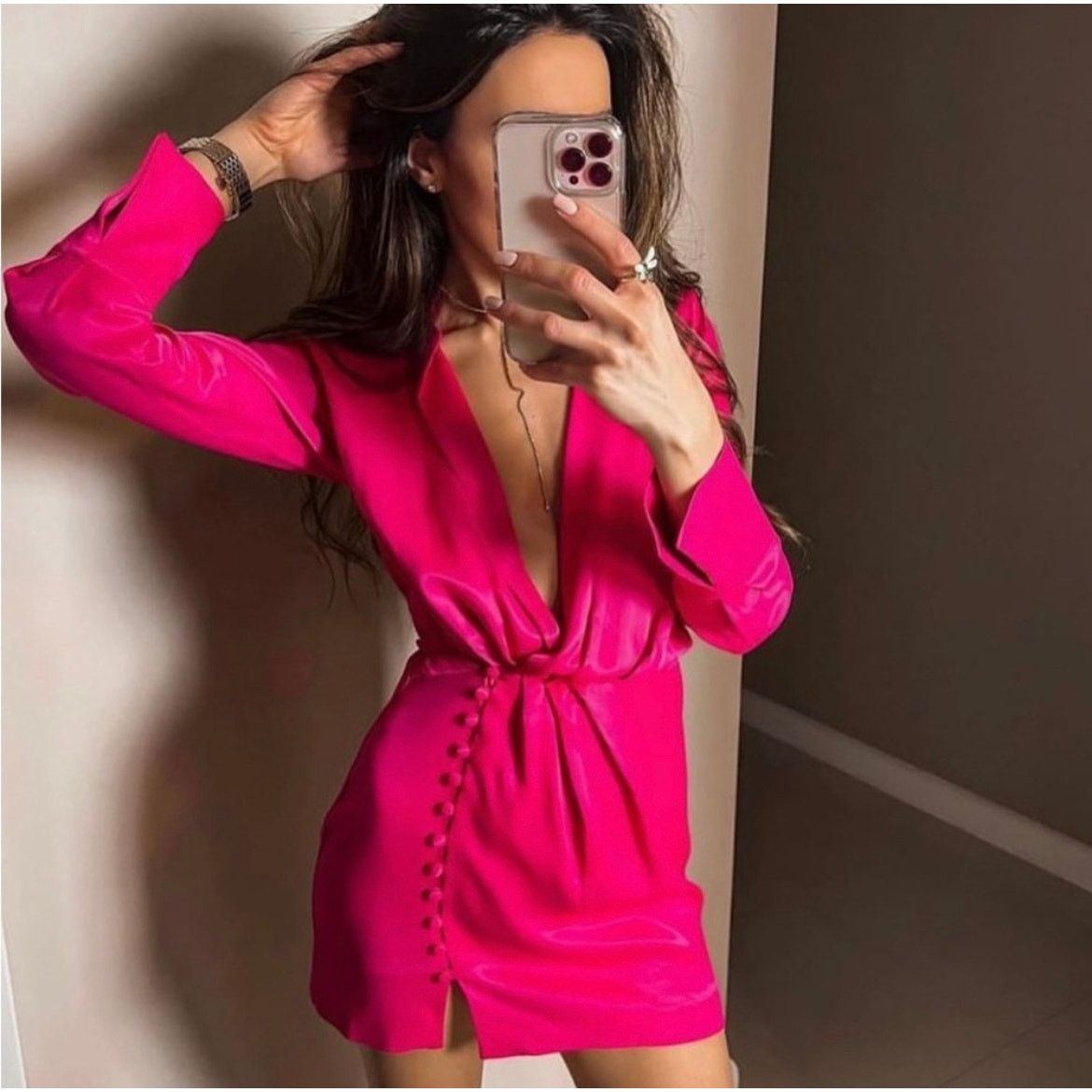 Zara ZARA BLOGGER FAVORITE BUTTONED WRAP DRESS FUCHSIA Size XS / US 0-2 / IT 36-38 - 2 Thumbnail