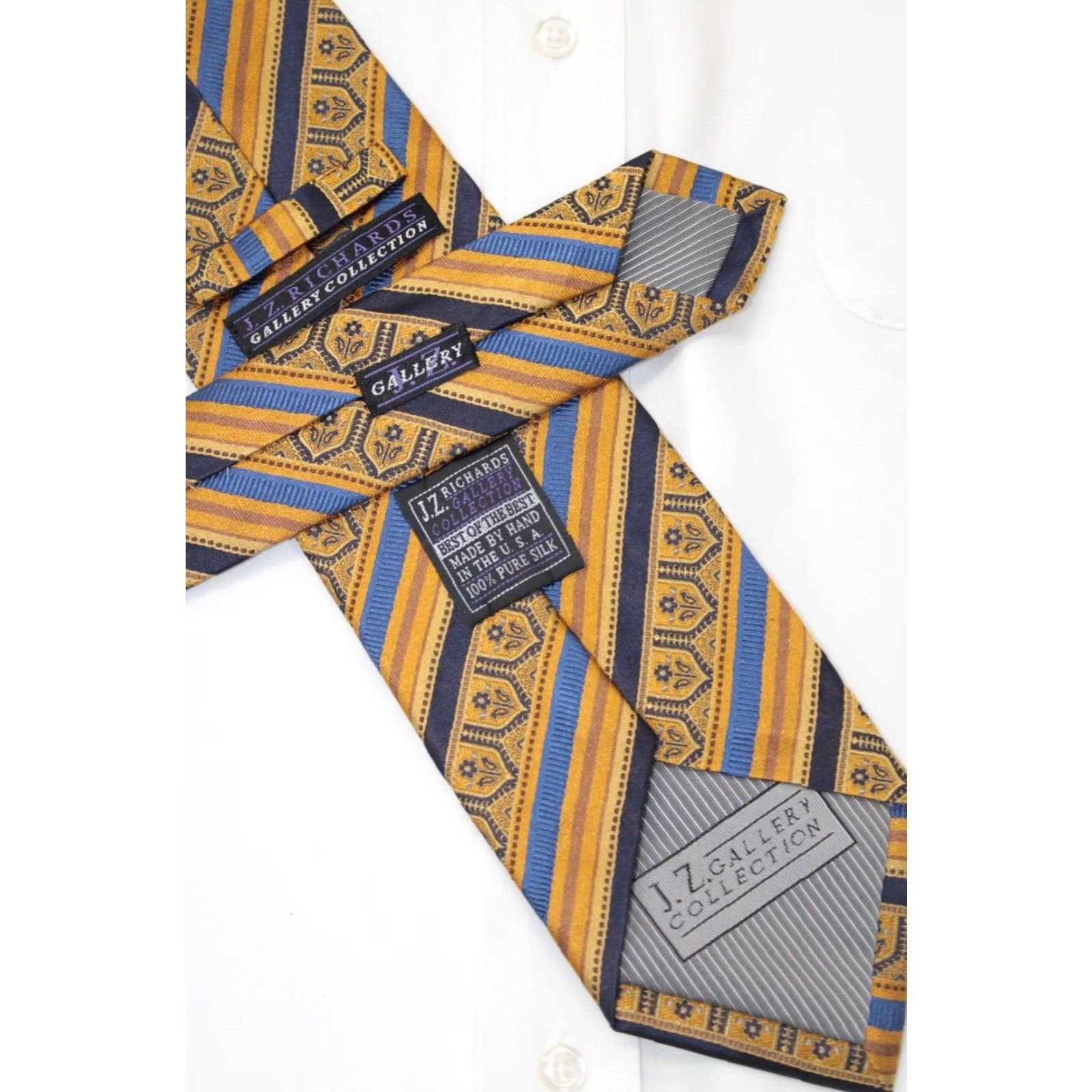 Vintage J.Z. Richards Silk Gold Blue Men's Stripe Geometric Luxury Necktie USA Size ONE SIZE - 4 Thumbnail