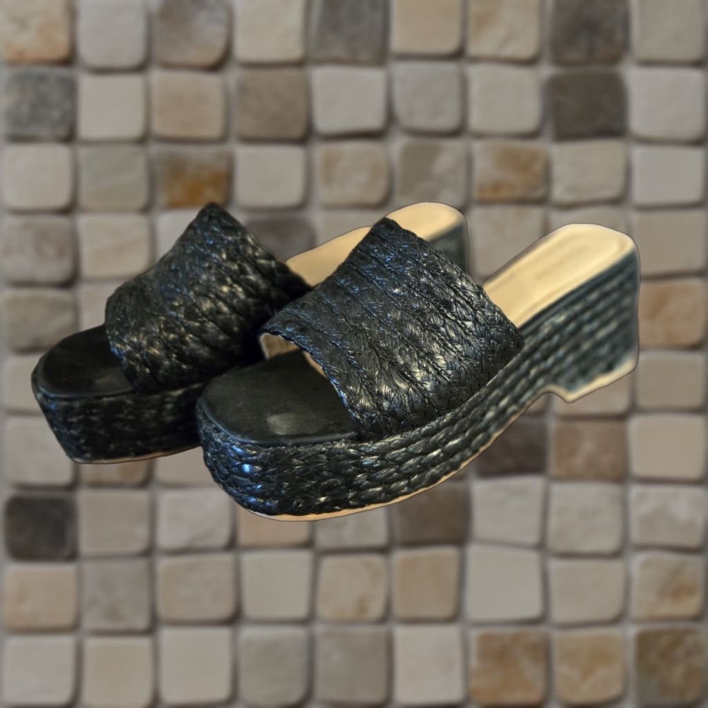 Vintage Monrovia Platform Sandal Women 9.5 Black Jute Raffia Open Toe Wedge Espadrille Summer Size US 10 / IT 40 - 1 Thumbnail