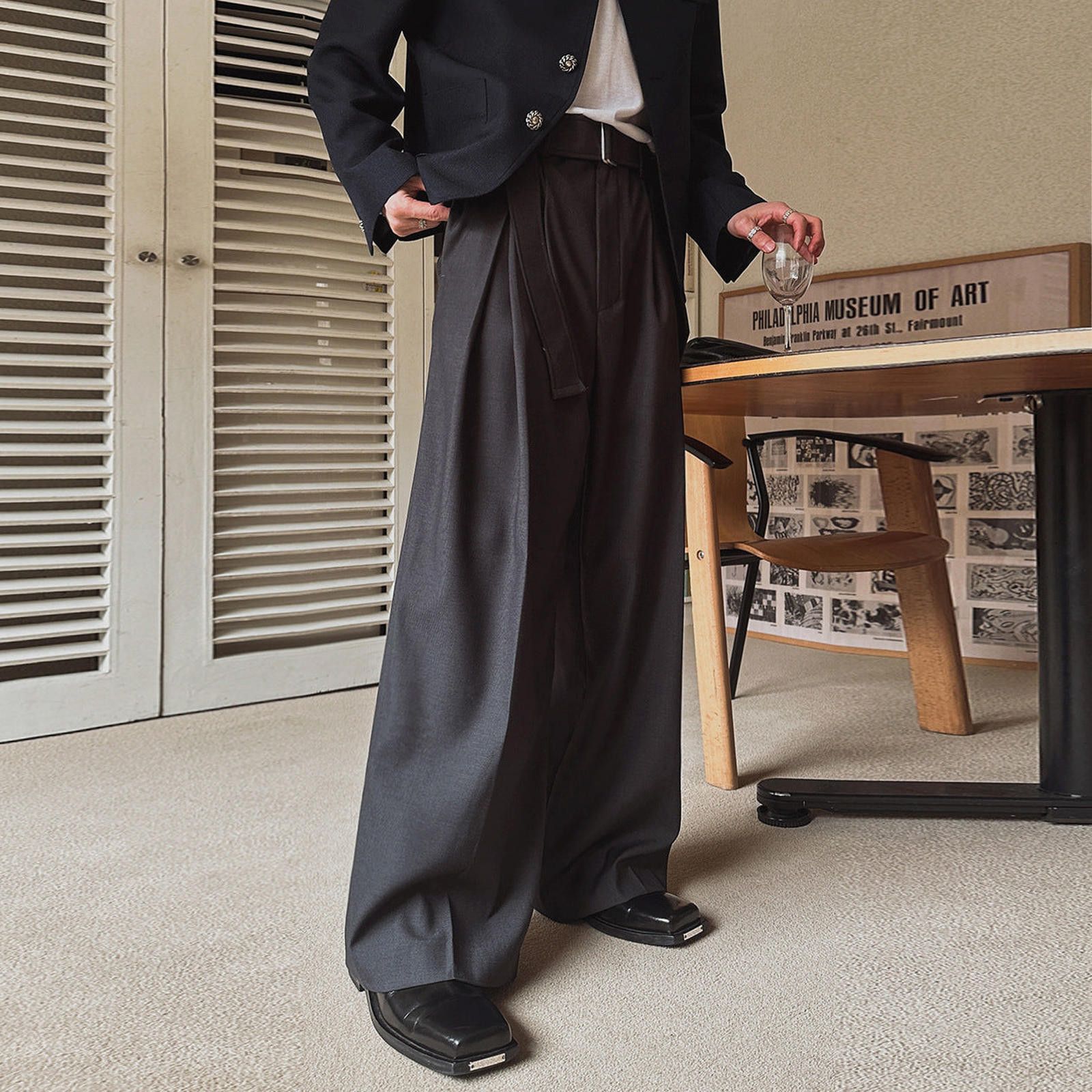 Vintage Black Wide Leg Dress Pants, Pleated Formal Trousers Size 38R - 3 Thumbnail