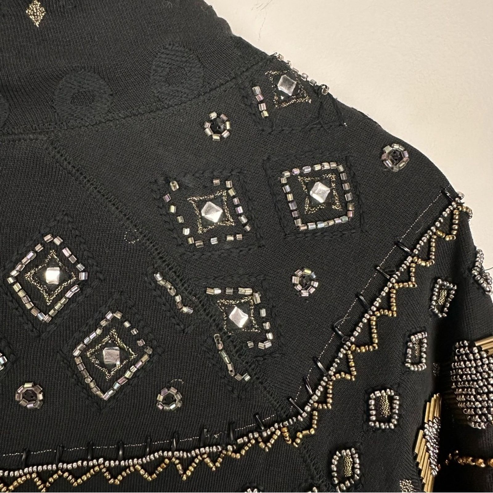 Free People Gold Beaded Long Sleeve Shift Mini Dress Black S