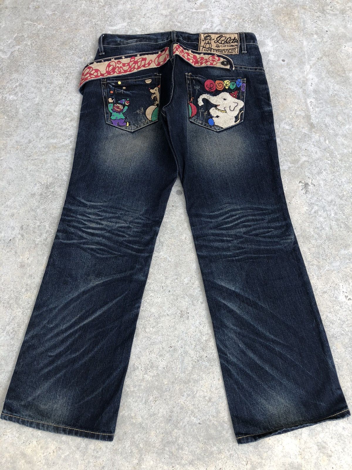 image of Designer Yoshitomo Nara Lolita Circus Flared Jeans Distressed Jeans in Blue, Men's (Size 34)
