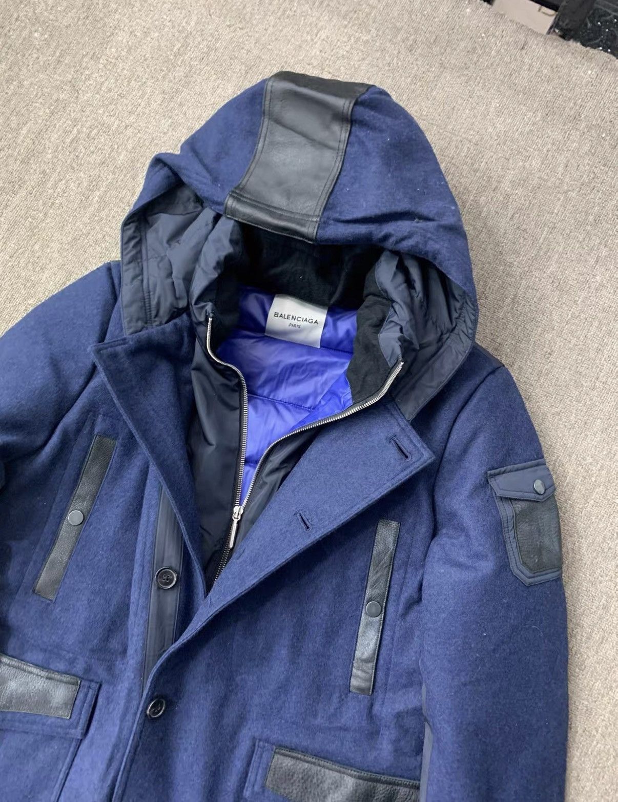 Balenciaga BALENCIAGA Blue Wool Coat with Calfskin Panels Size US XL / EU 56 / 4 - 2 Thumbnail