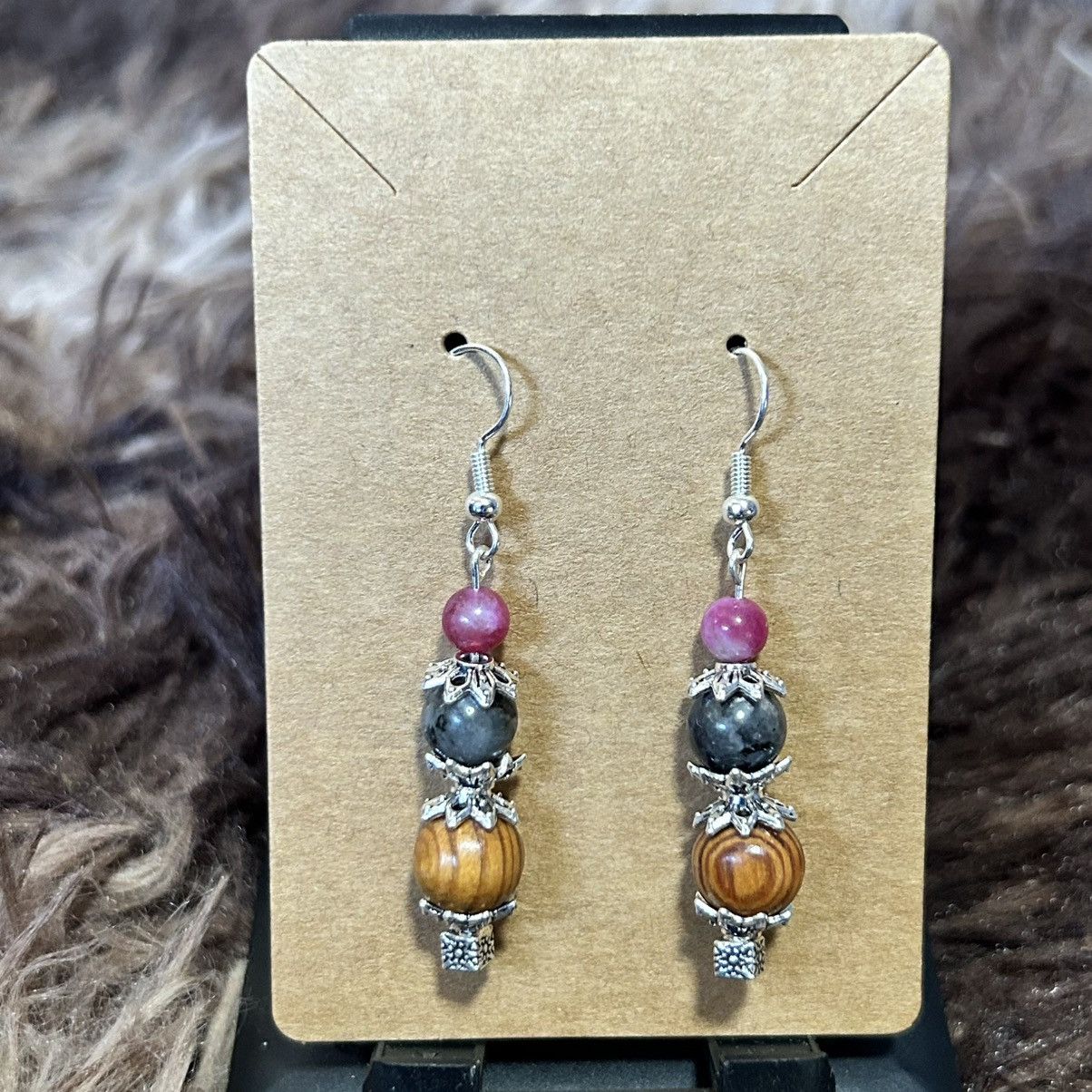 Handmade Handcrafted vintage wood bead larvikite elbaite earrings Size ONE SIZE - 2 Thumbnail