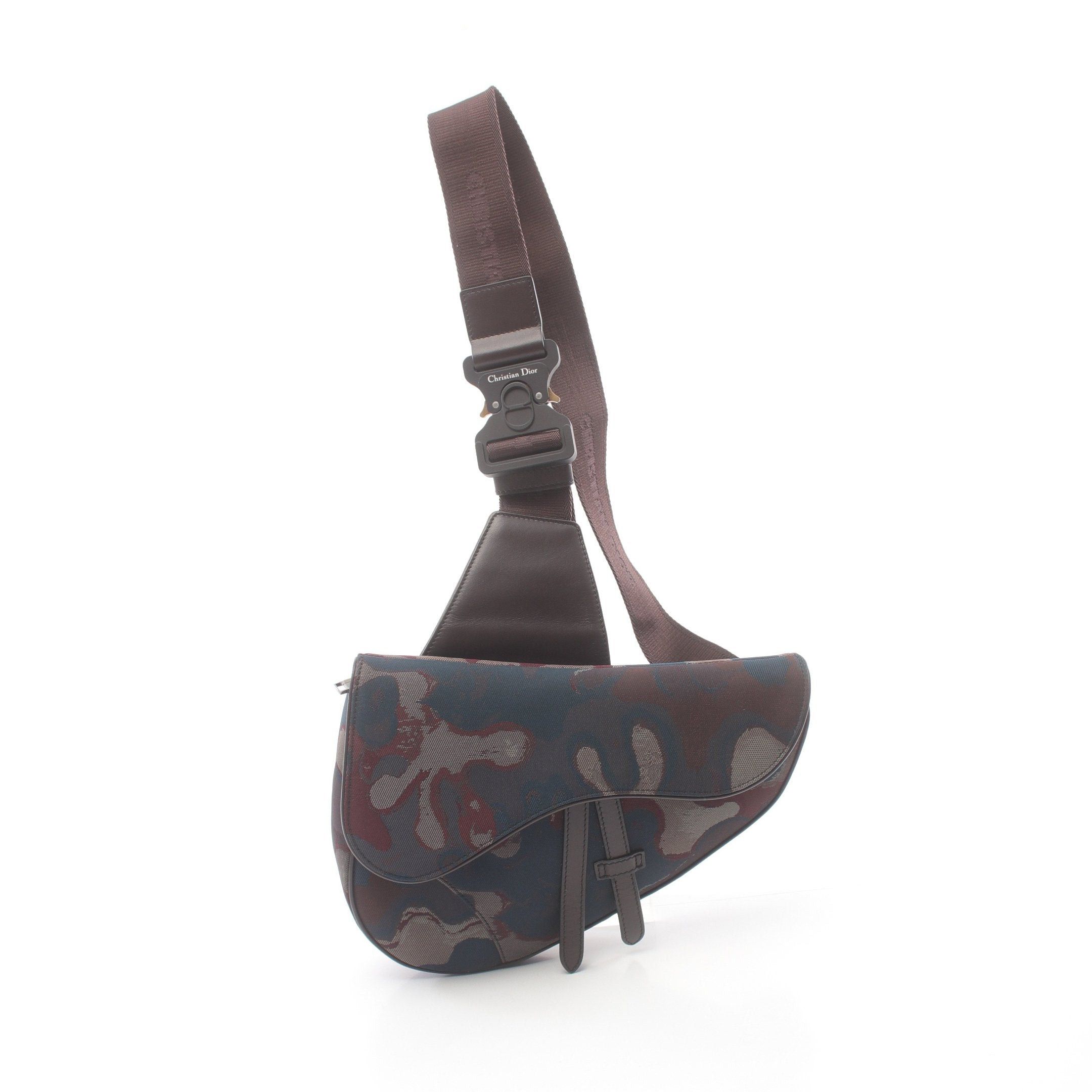 Dior Saddle Body Bag Canvas Leather Blue Green Dark Brown Multicolor