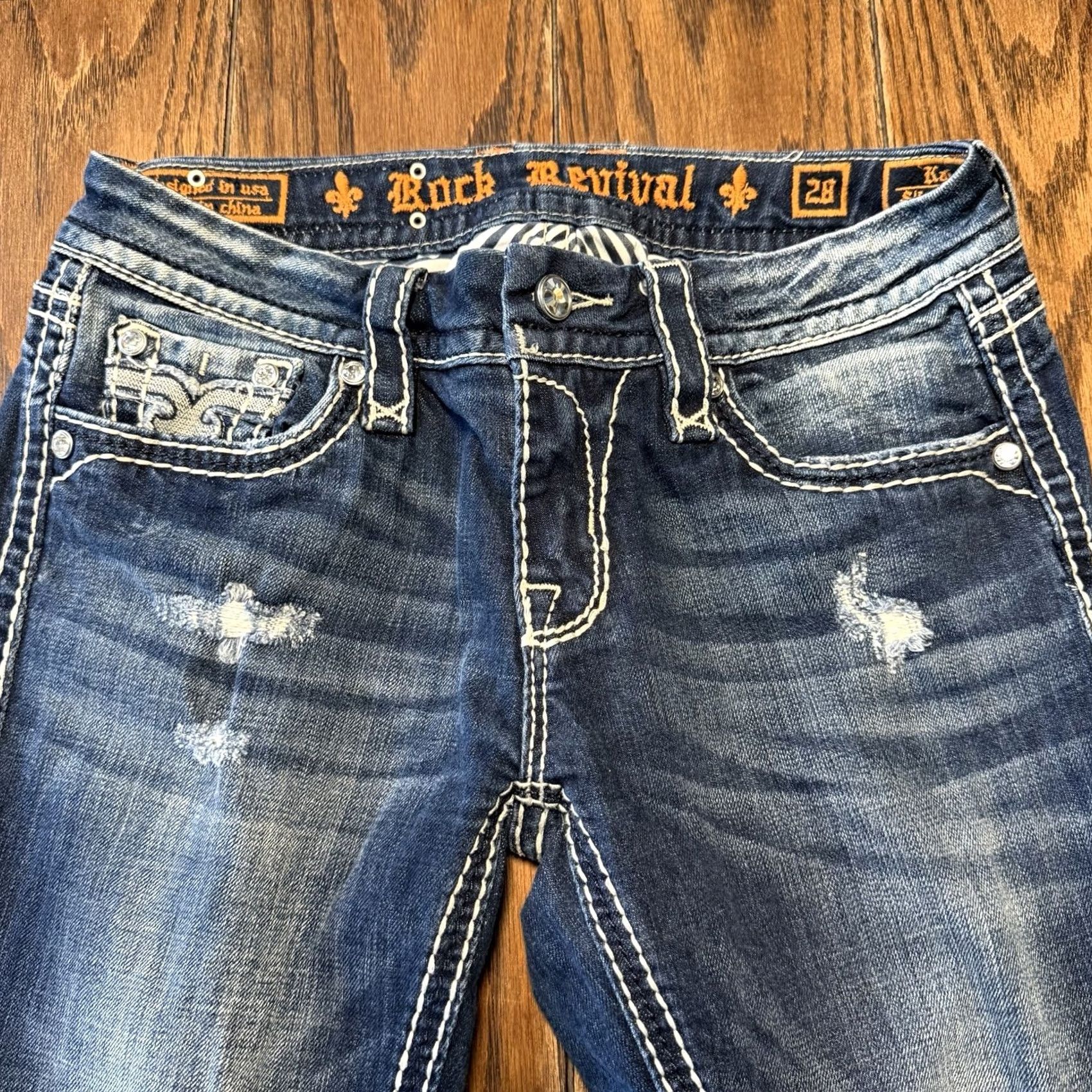 Vintage Rock Revival Kai Boot Jeans Womens Size 28 Blue Denim Bling Rhinestone Embroidered Thumb? Size 29" - 3 Thumbnail