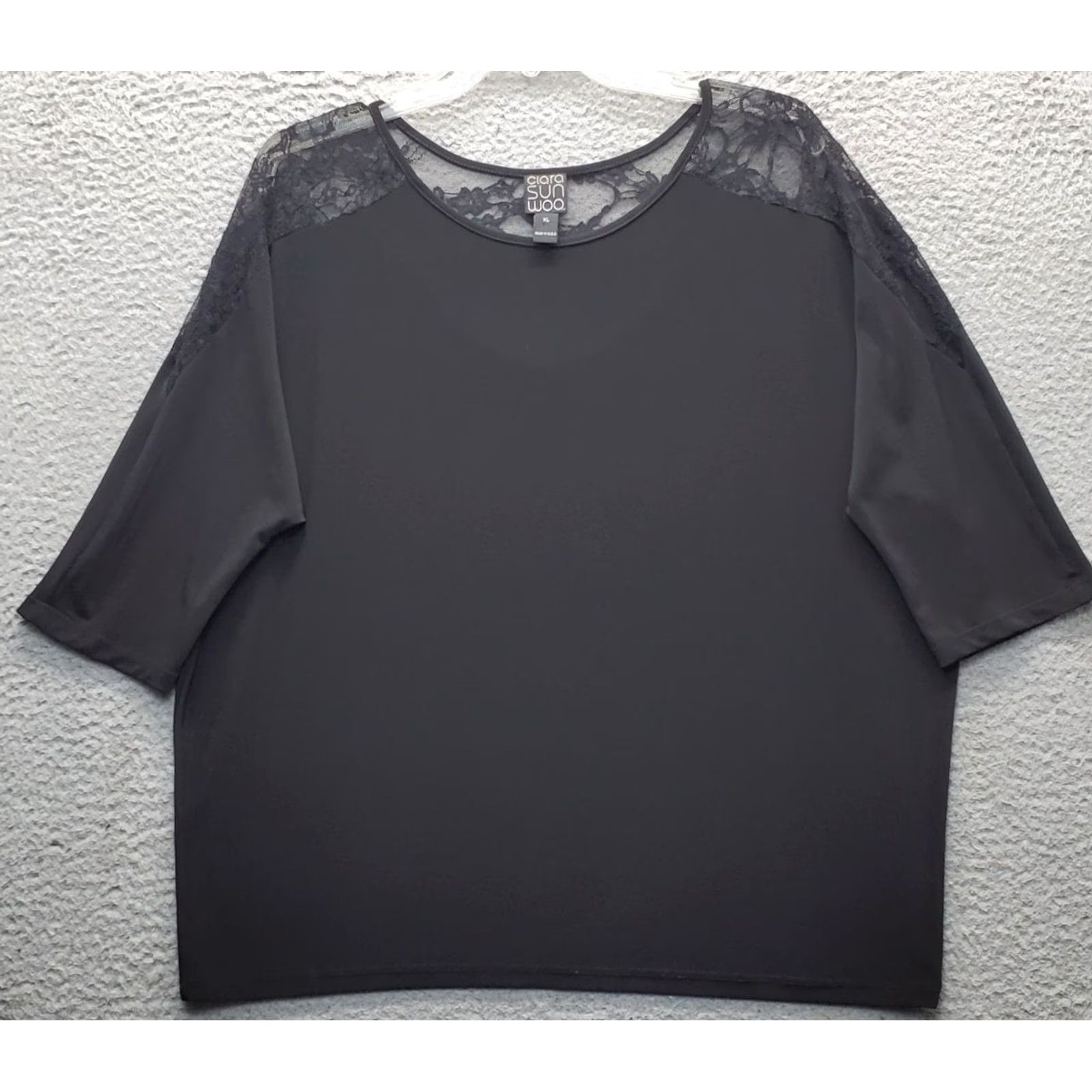 Vintage Clara Sun Woo Blouse Womens XL Black Lace Detail Short Sleeve Pullover USA Size XL / US 12-14 / IT 48-50 - 2 Thumbnail