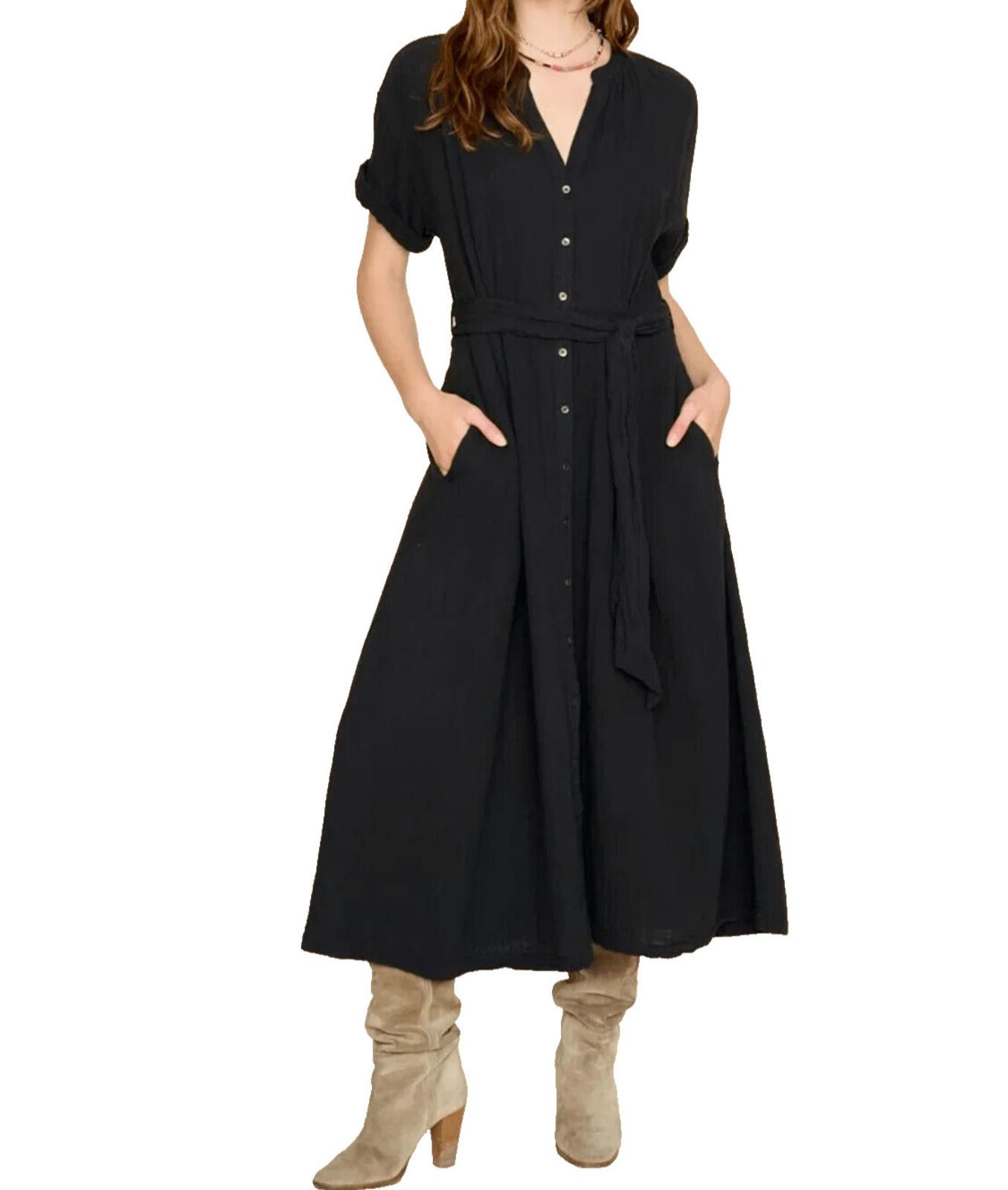 Designer Xirena Women Small Black Cate Midi Dress Belted Cotton Maxi Size S / US 4 / IT 40 - 1 Thumbnail