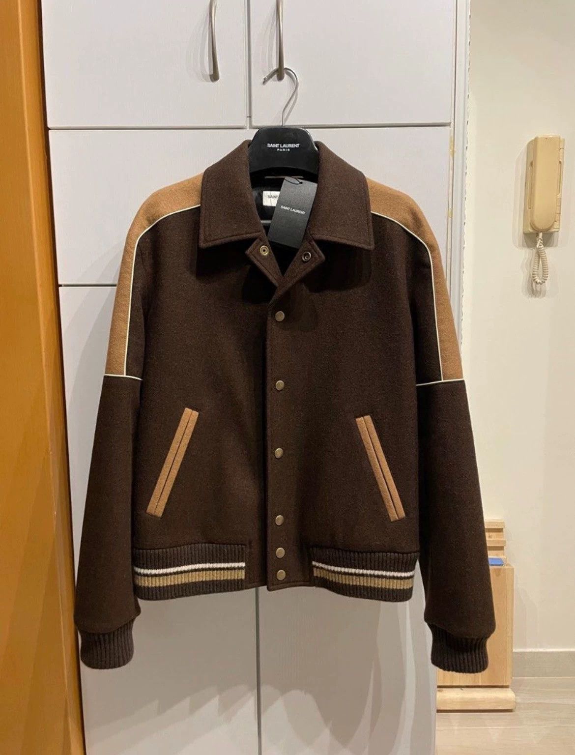 Saint Laurent Paris Saint Laurent Paris FW21 brown woolen baseball jacket Size US M / EU 48-50 / 2 - 1 Thumbnail