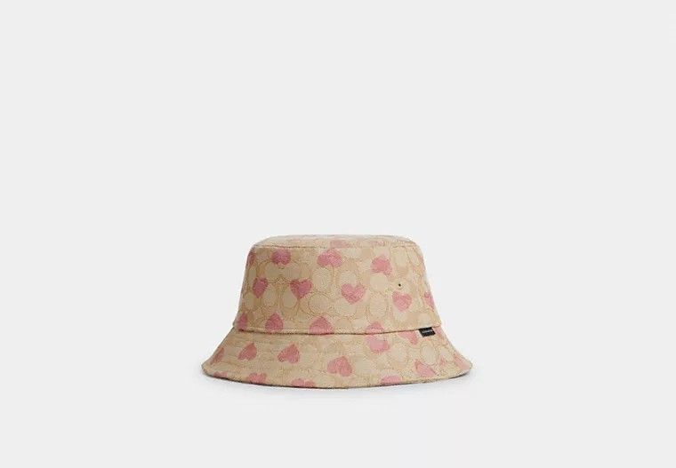 image of Coach Signature Heart Print Bucket Hat Cp354 in Light Khaki/Pink, Women's