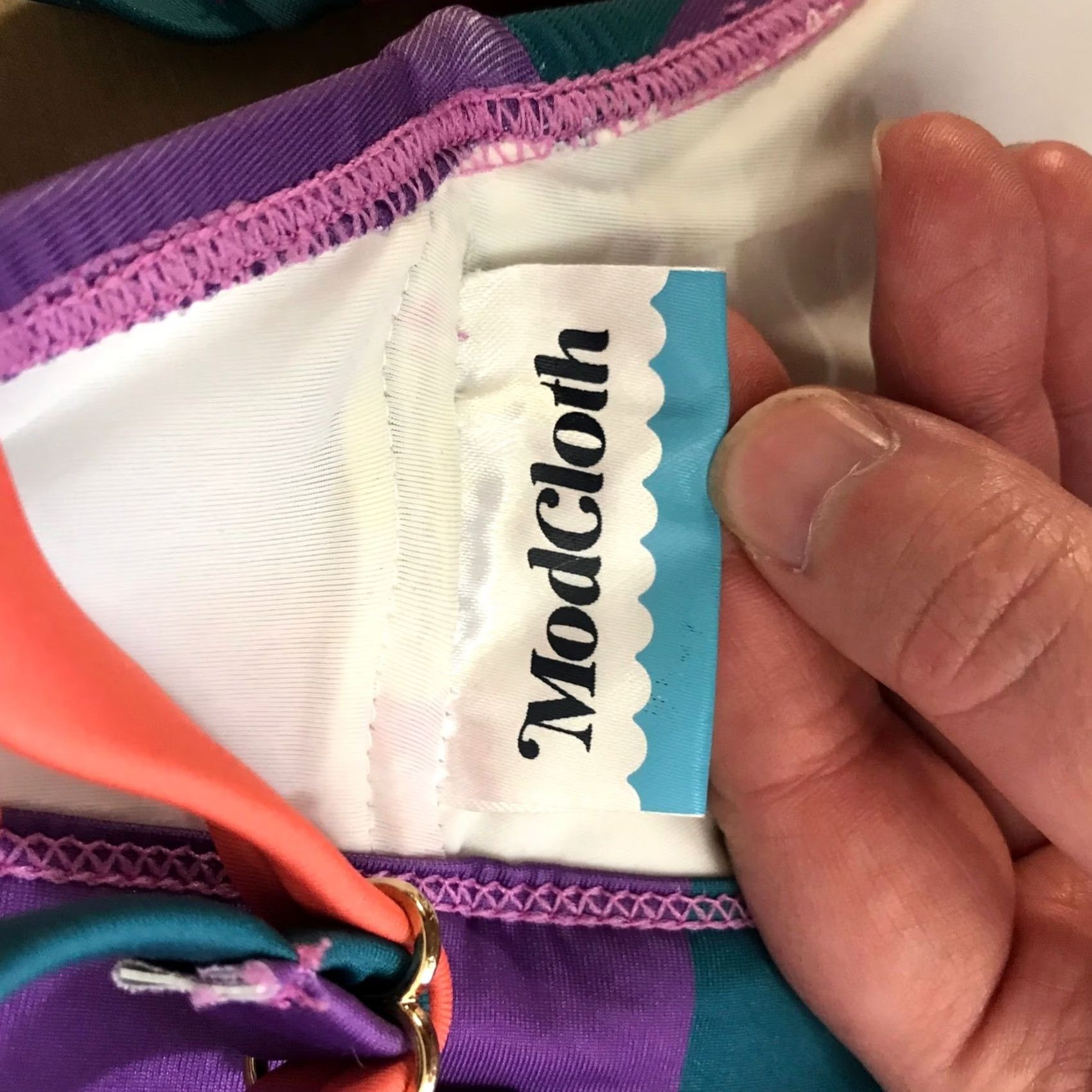 Vintage ModCloth Bikini Top MEDIUM Pink Orange Purple Teal Striped Triangle Size M / US 6-8 / IT 42-44 - 7 Thumbnail