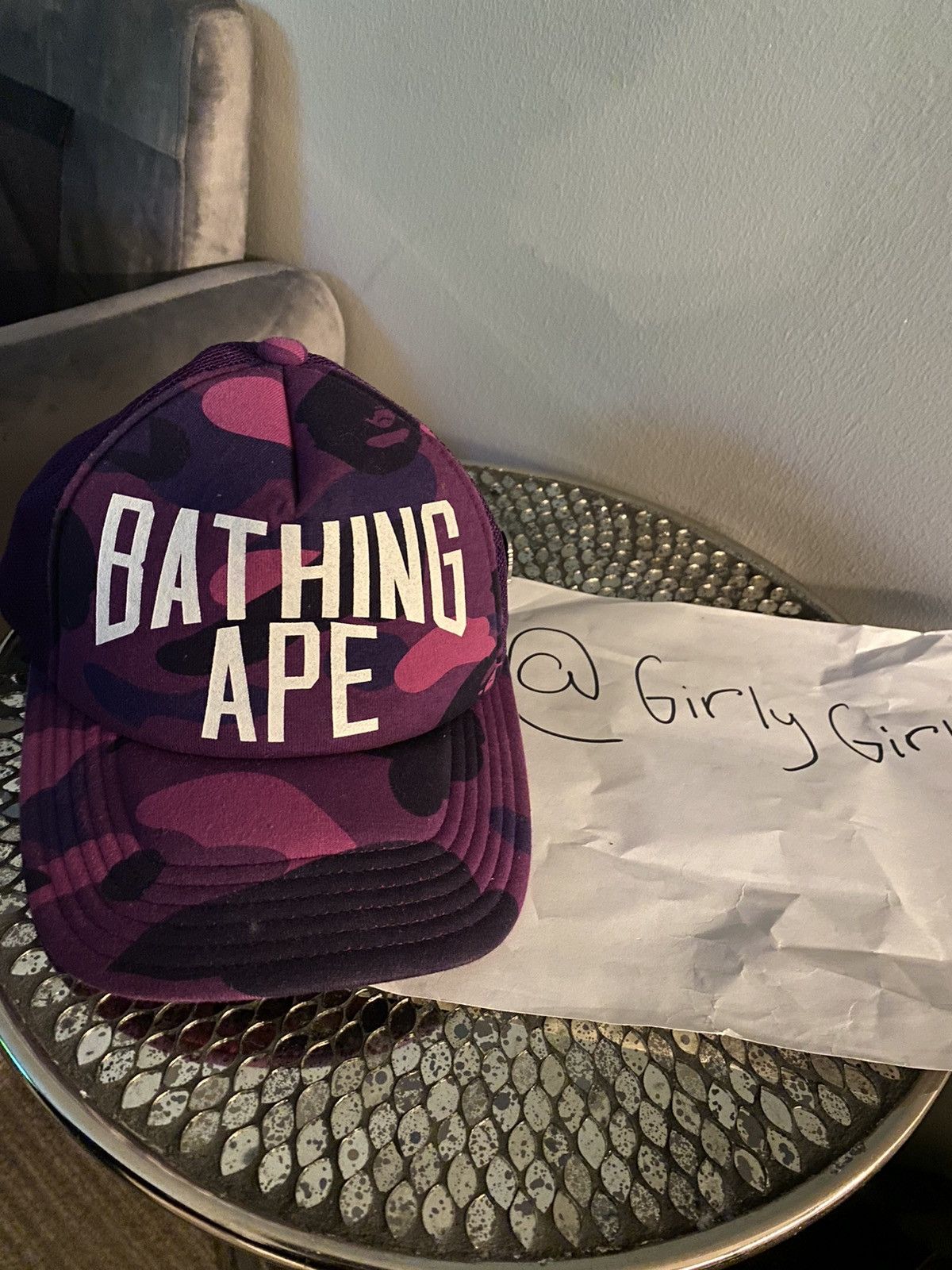 image of Bape Color Camo Nyc Logo Mesh Cap in Purple, Men's